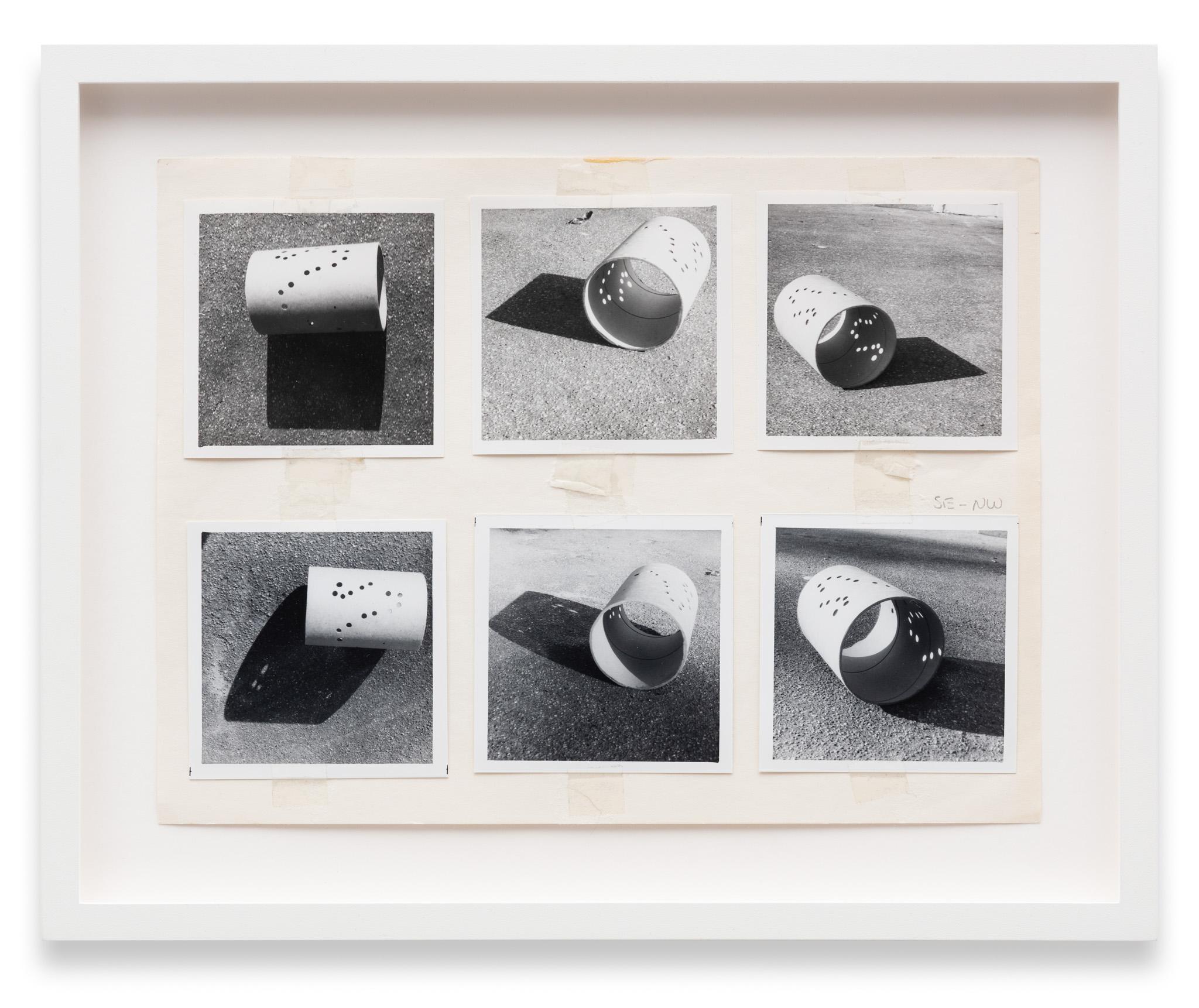 a collage of images of a cardboard tube viewed from different angles assembled on paper with graphite notations