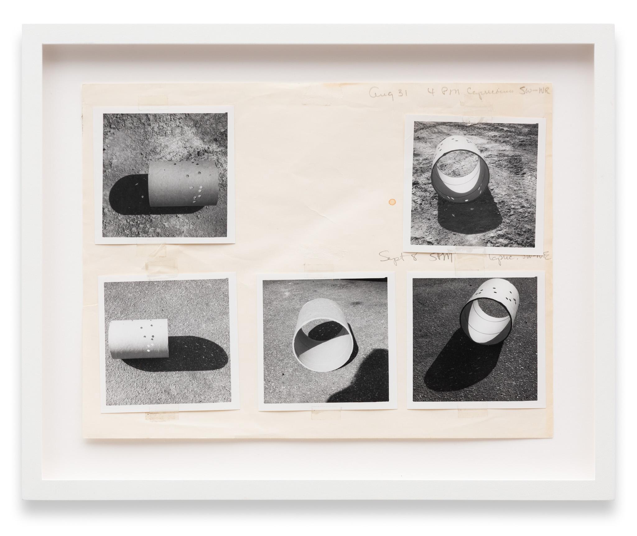 a collage of images of a cardboard tube casting shadows pasted to paper with graphite notations