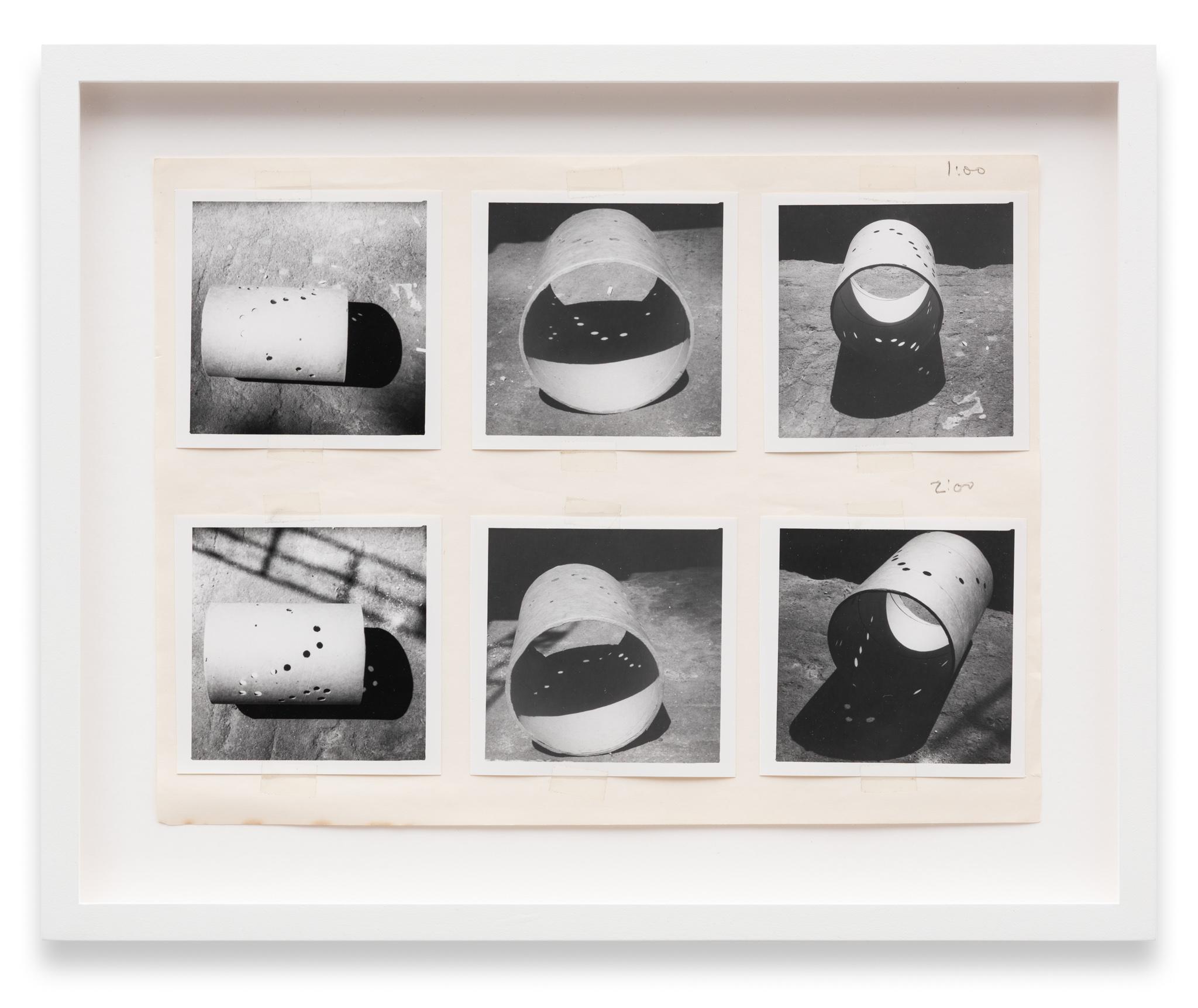 a collage of images of a cardboard tube viewed from different angles assembled on paper with graphite notations