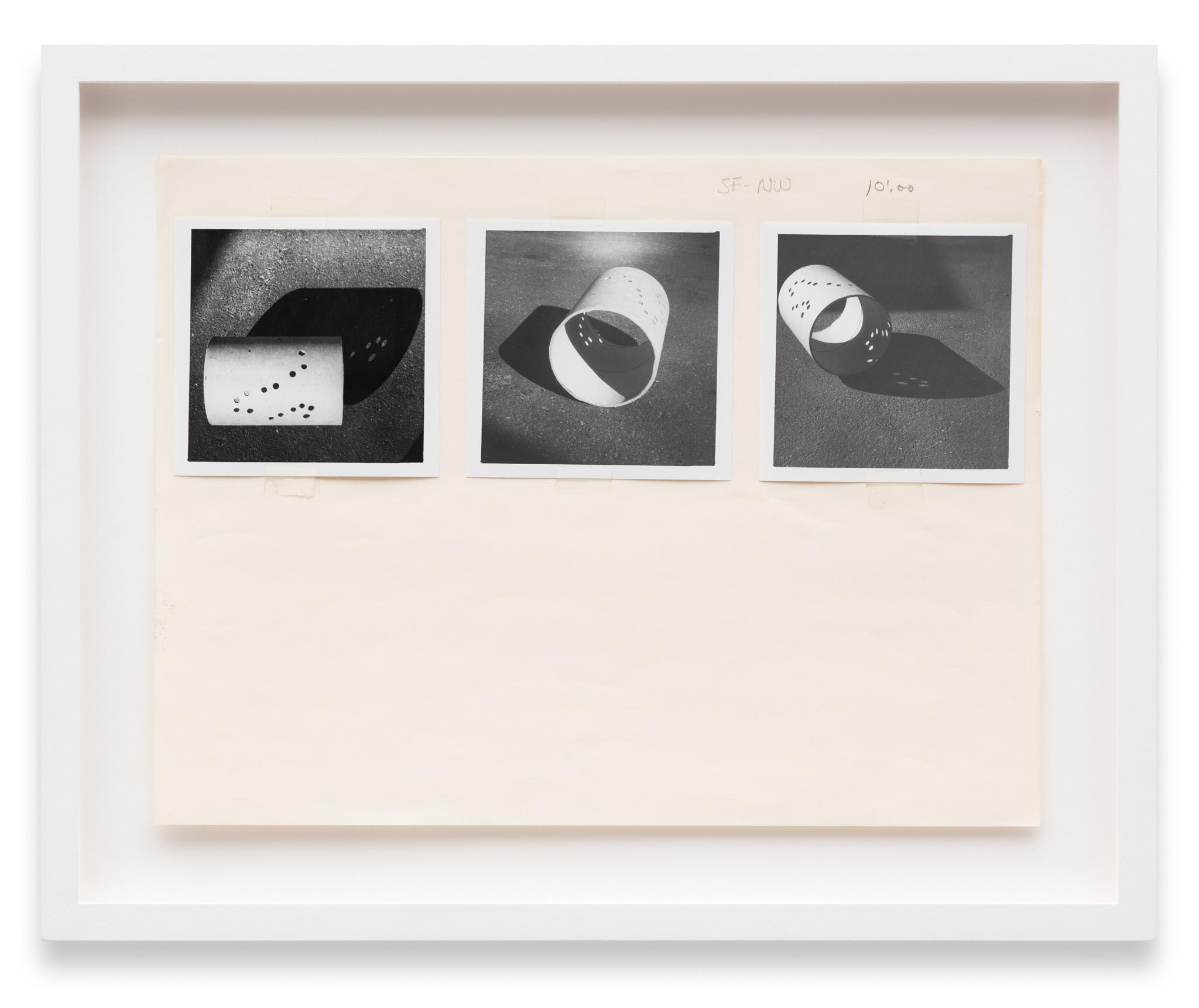 a collage of images of a cardboard tube casting shadows pasted to paper with graphite notations