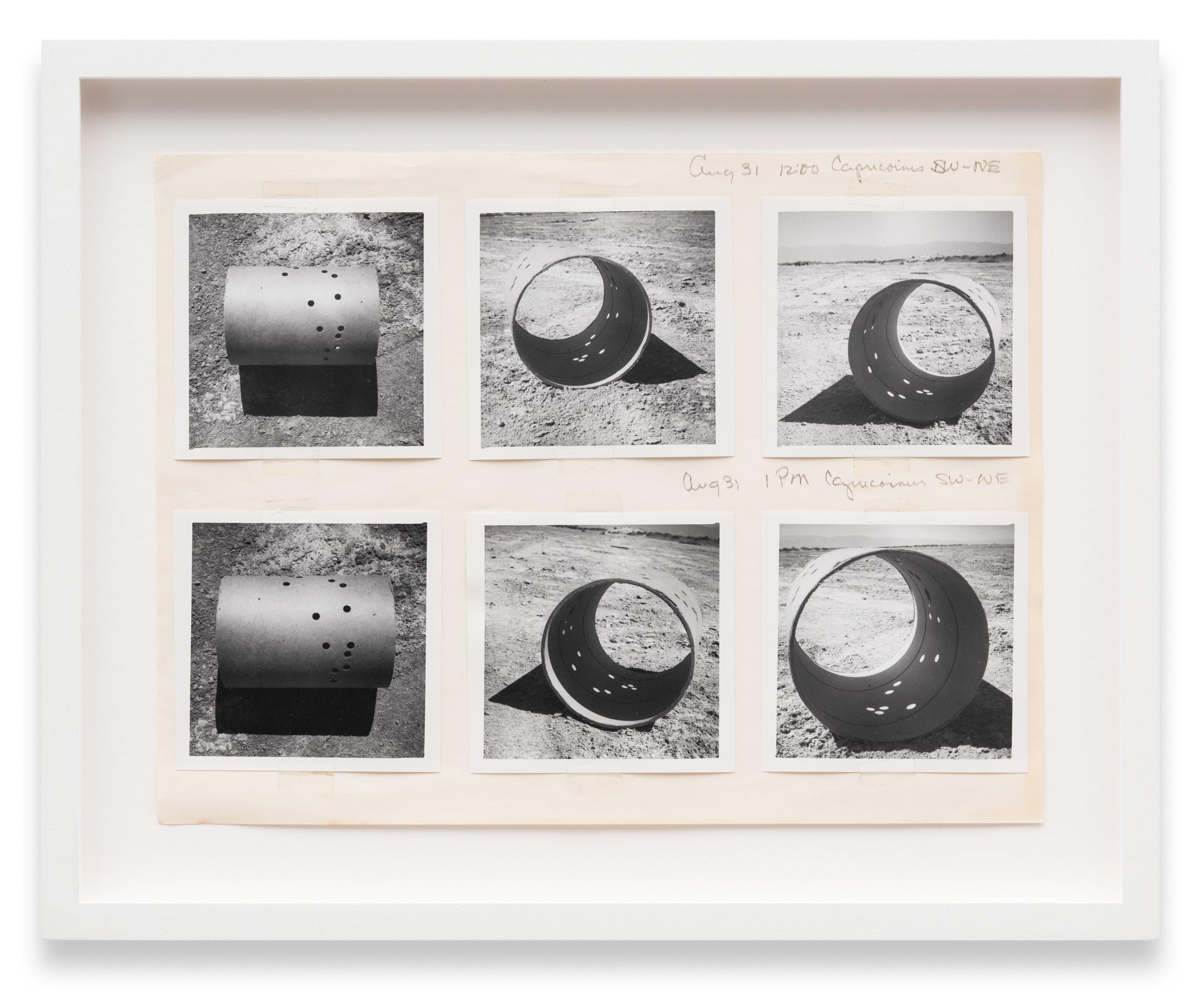 a collage of images of a cardboard tube viewed from different angles assembled on paper with graphite notations