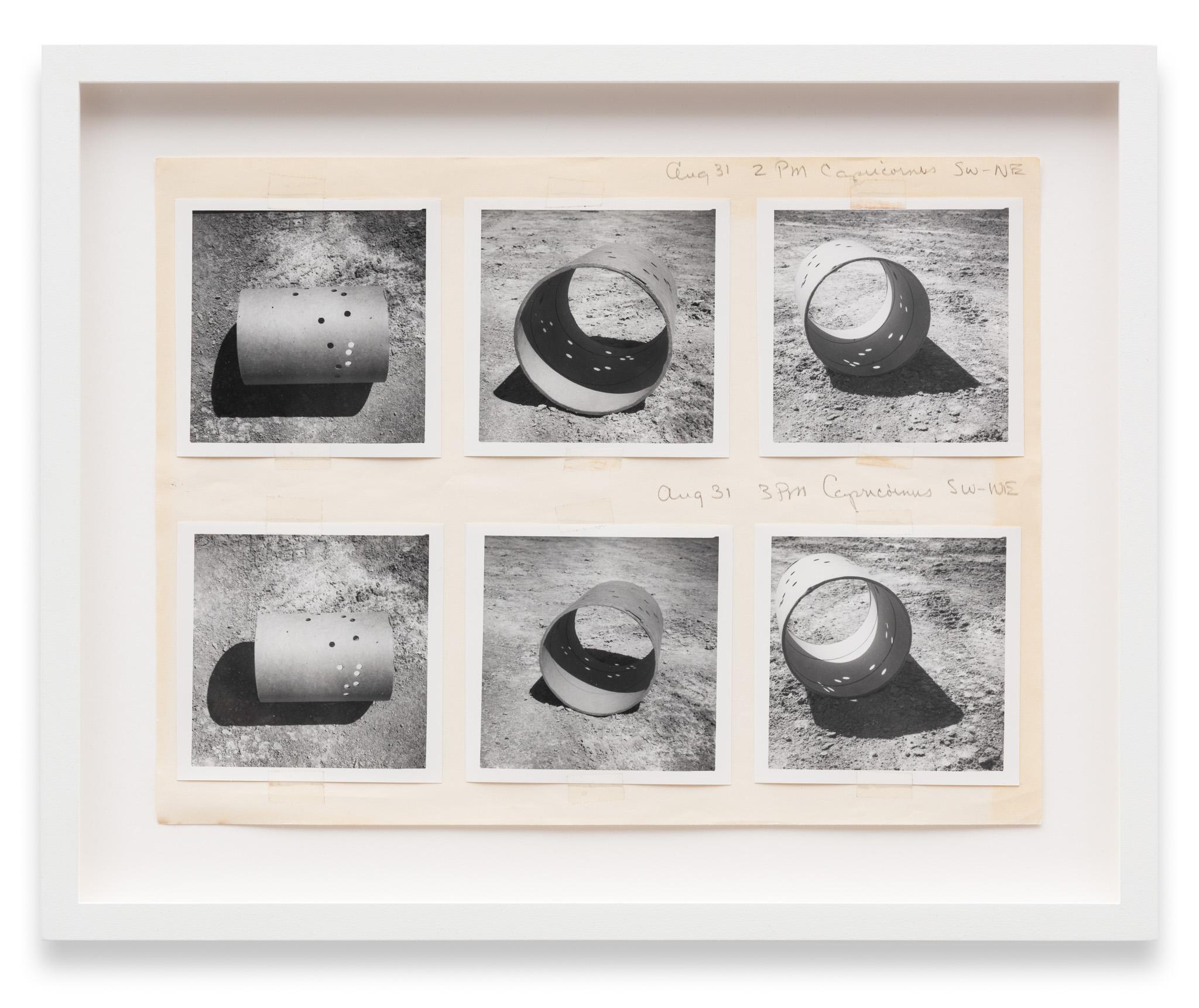 a collage of images of a cardboard tube casting shadows pasted to paper with graphite notations