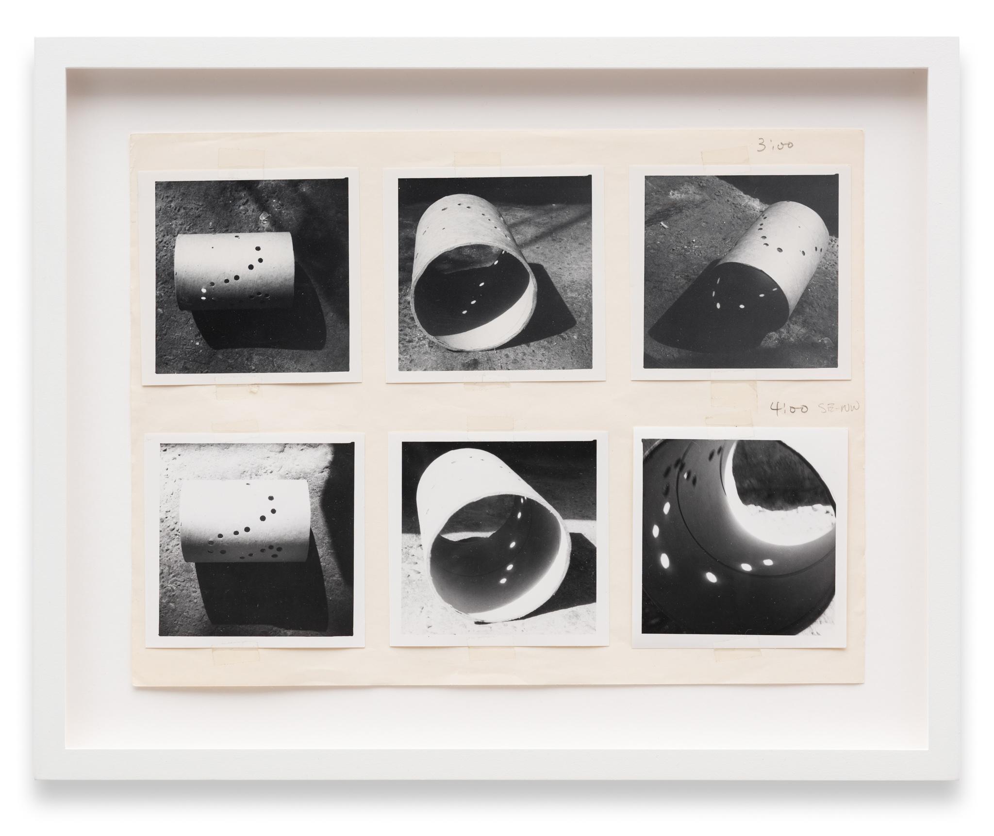 a collage of images of a cardboard tube viewed from different angles assembled on paper with graphite notations