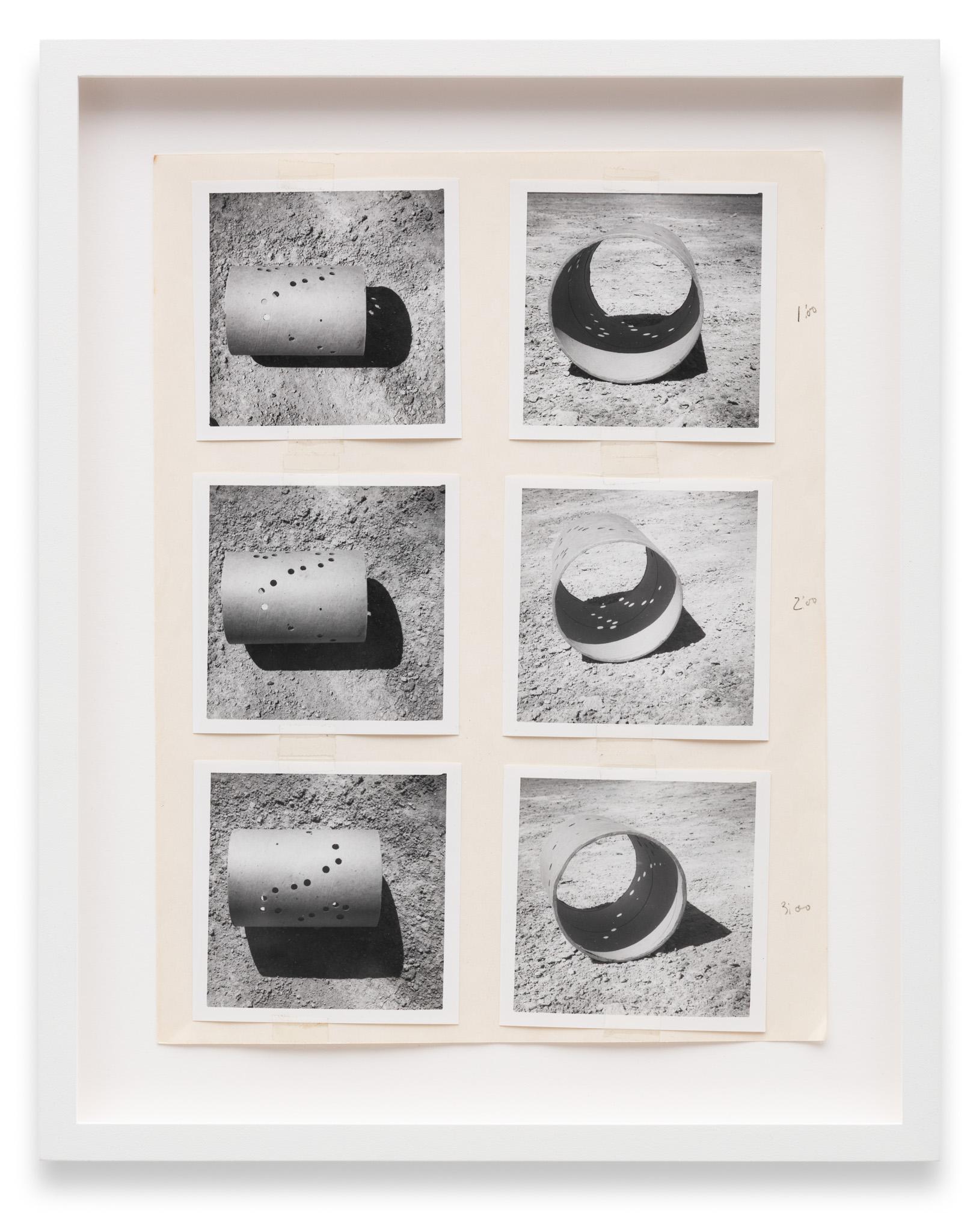 a collage of images of a cardboard tube casting shadows pasted to paper with graphite notations