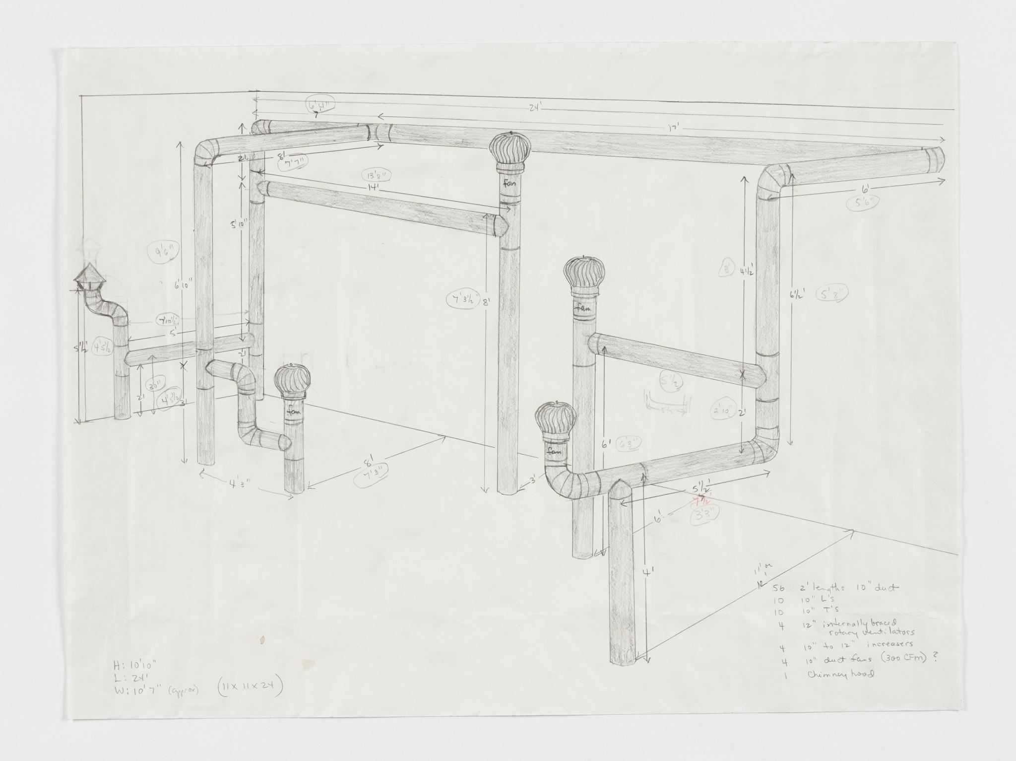 graphite drawing of network of steel duct ventilation pipes with dimensions listed