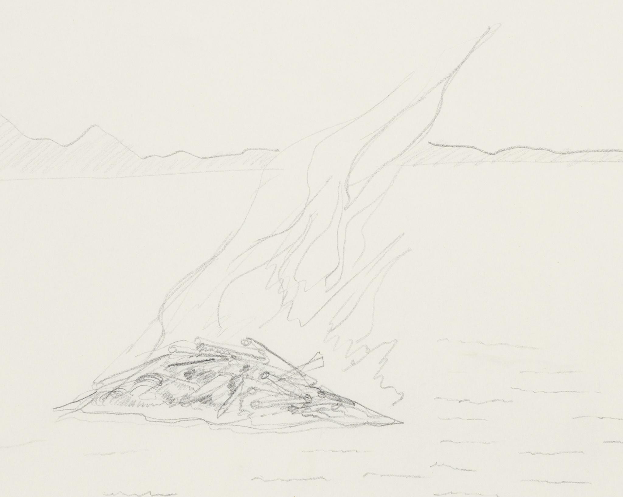 graphite drawing depicting an island of ashes in the ocean