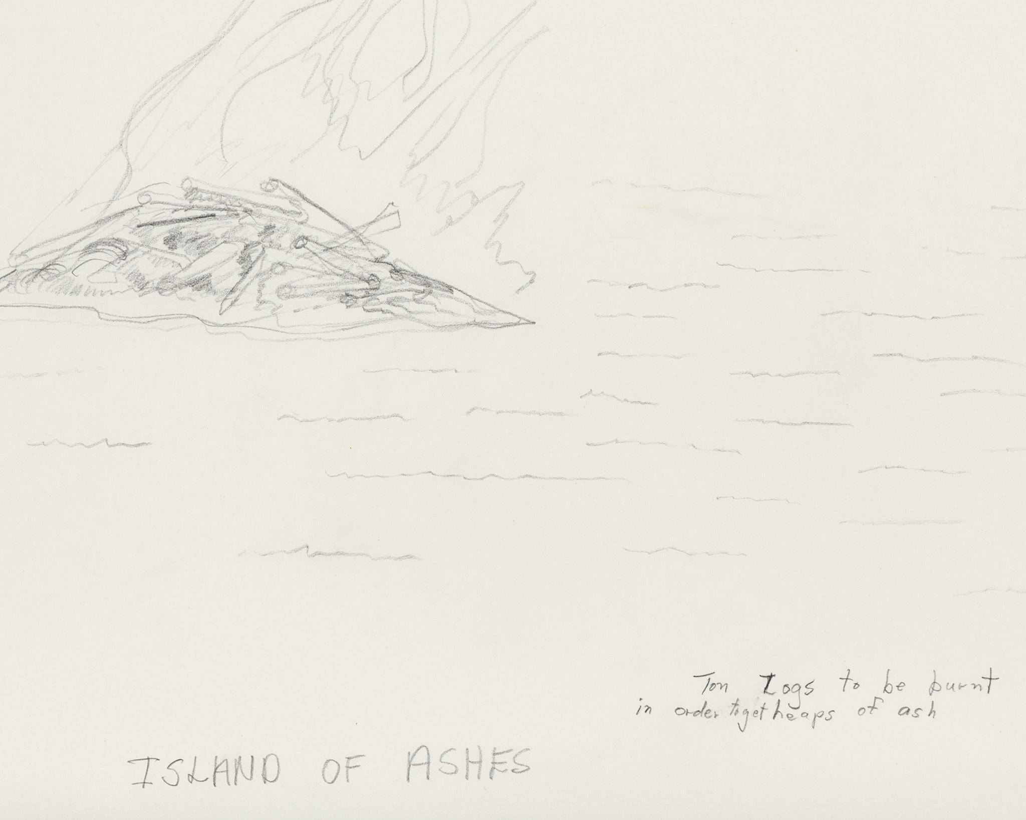 graphite drawing depicting an island of ashes in the ocean