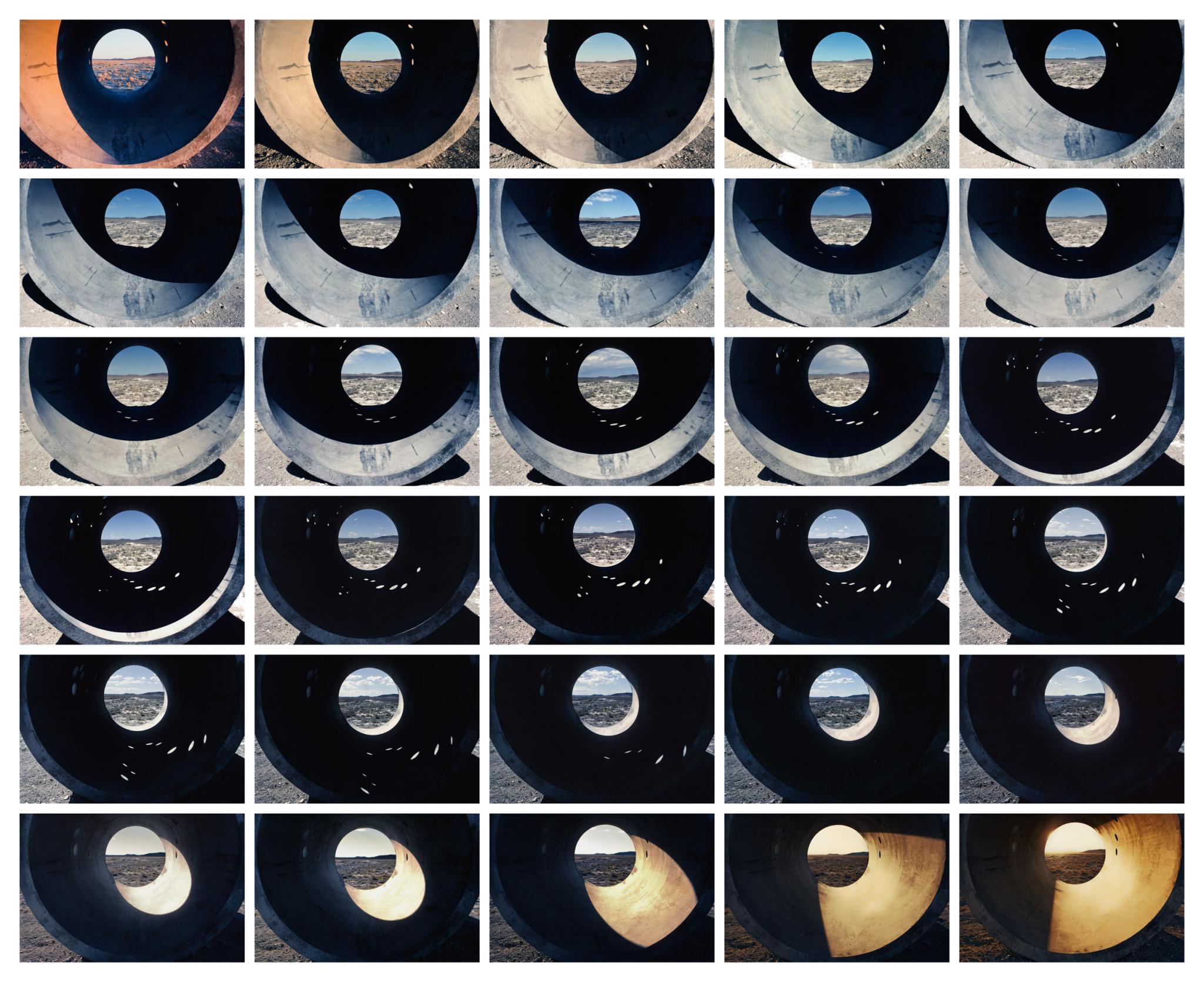 a composite of many images of sun tunnels showing shifting light