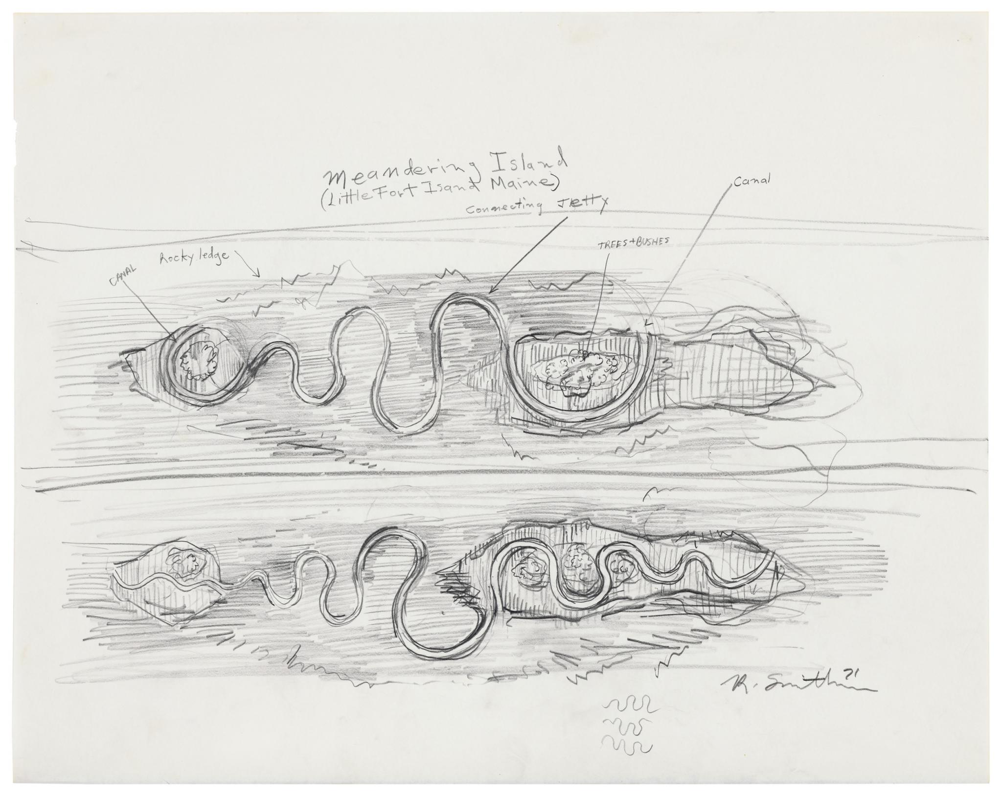 a graphite drawing of a meandering island and canal path