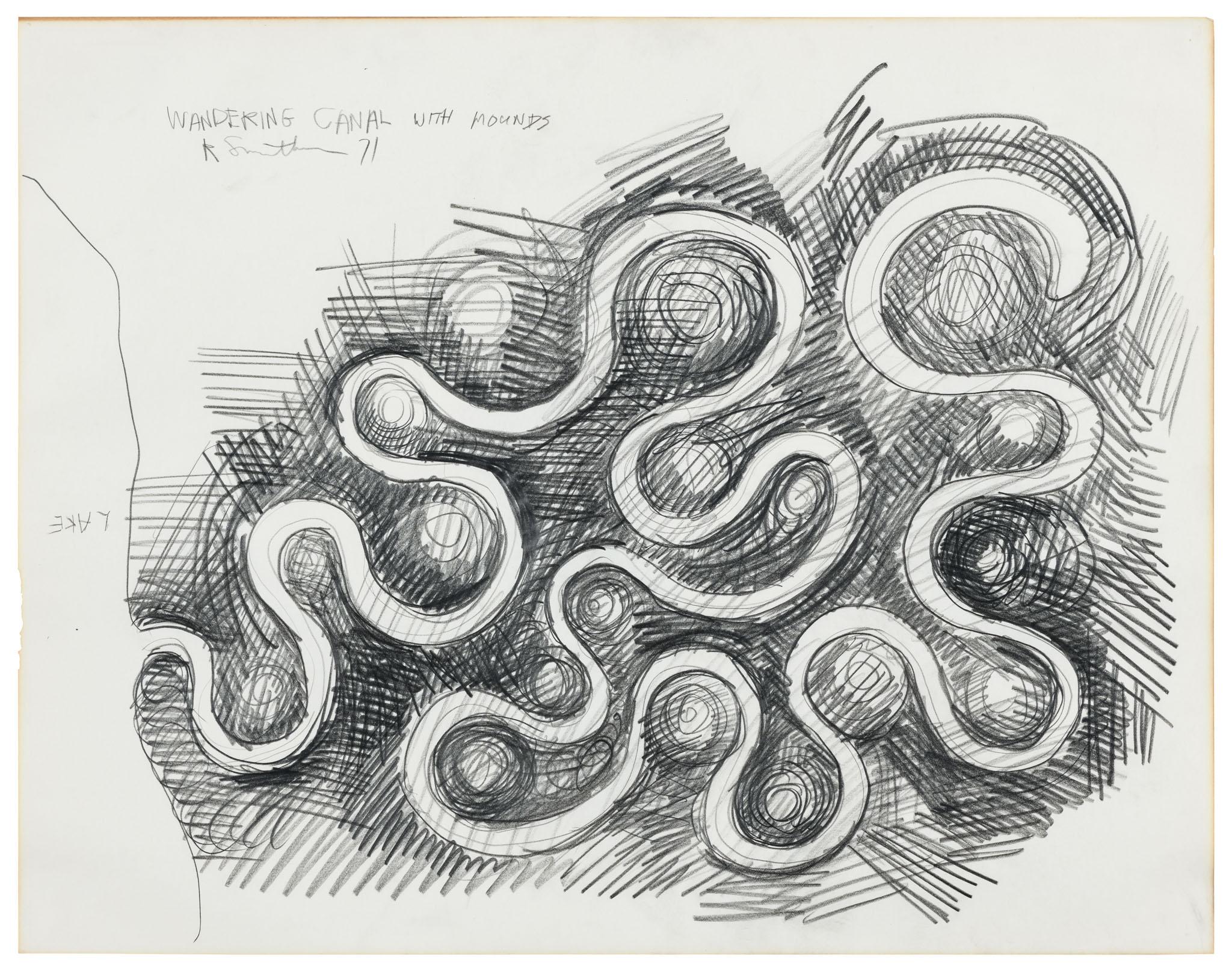 drawing of an aerial view of wandering canals and mounds