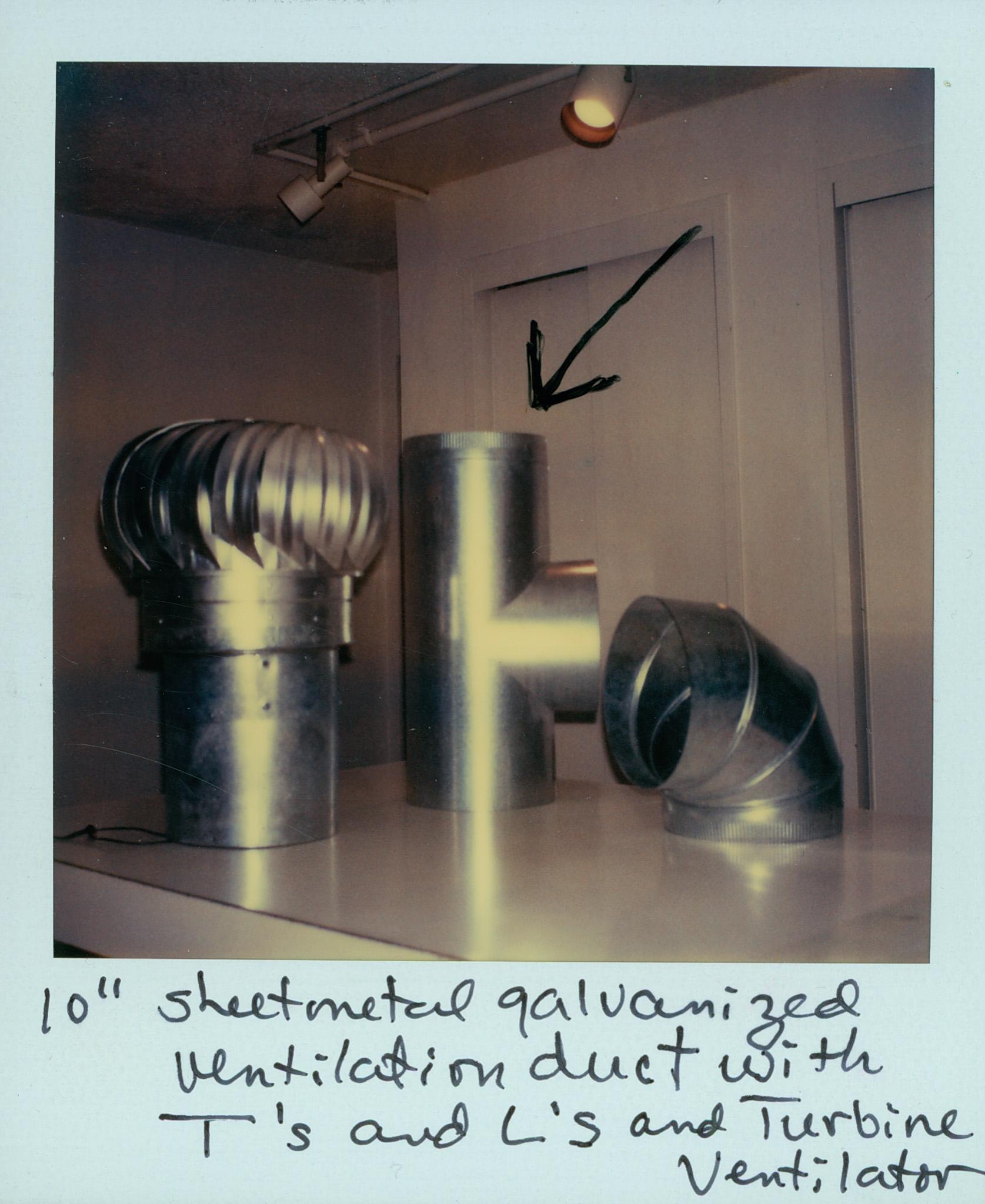 Polaroid photograph with annotated steel duct parts for Nancy Holt's Ventilation III: Finn Air 