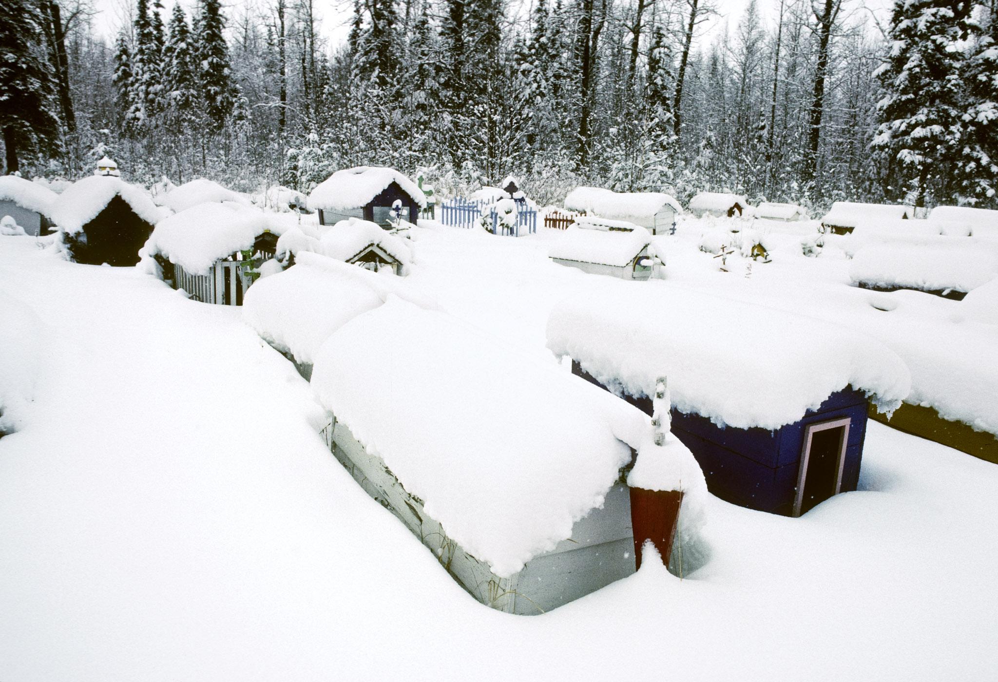 a snowy graveyard with large house-like structures as gravemarkers