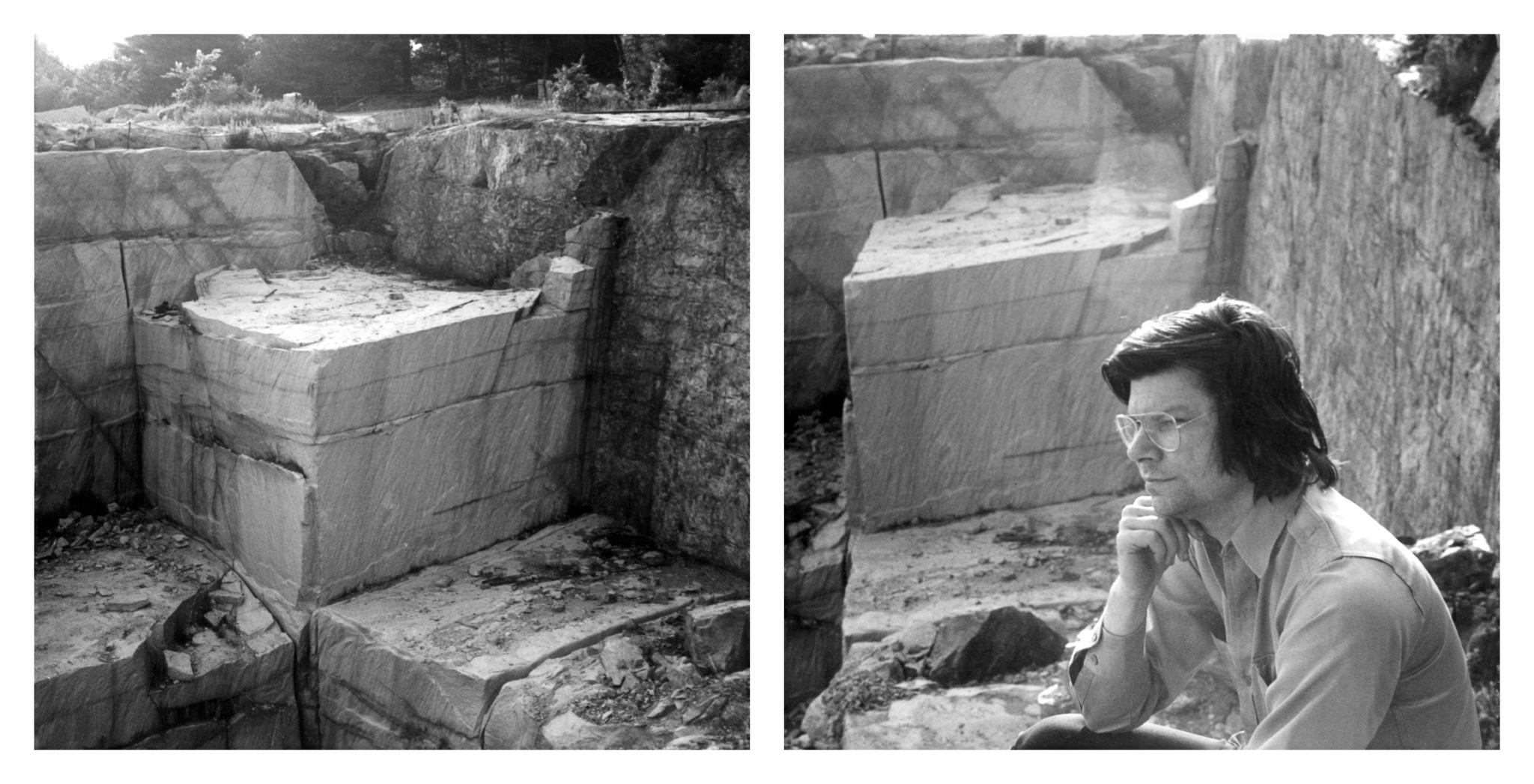 a composite image of a stone quarry and a man sitting pensively in a stone quarry