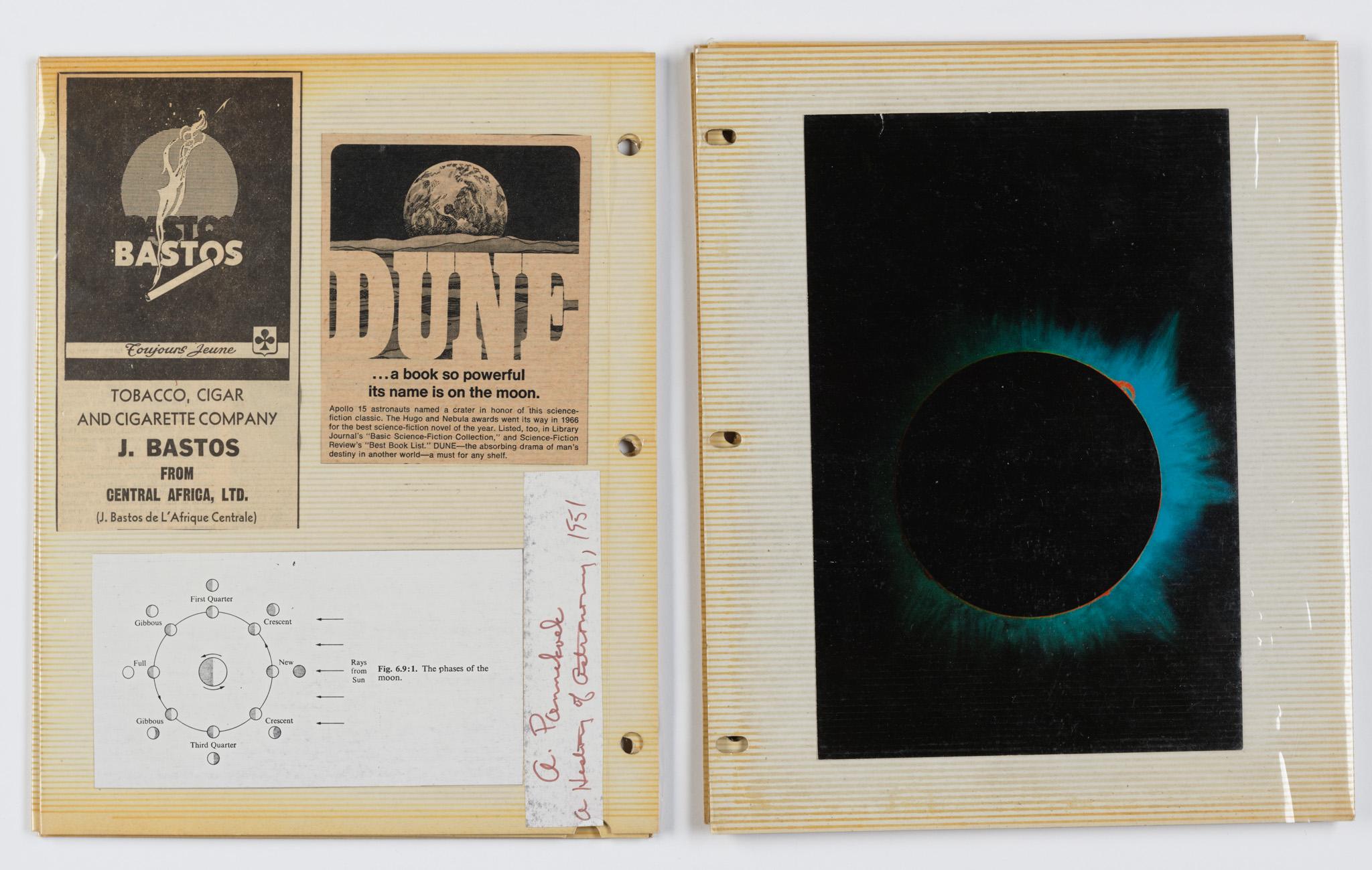 a collaged book featuring images and text relating to the moon