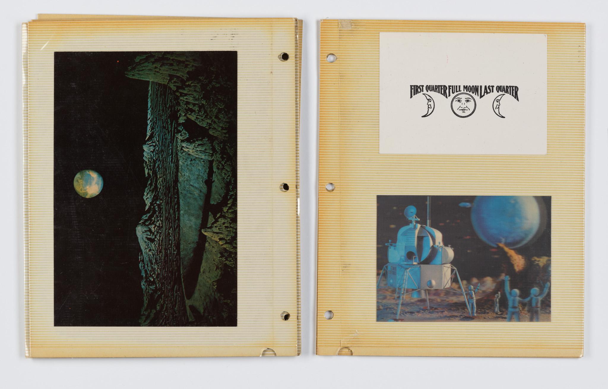 a collaged book featuring images and text relating to the moon