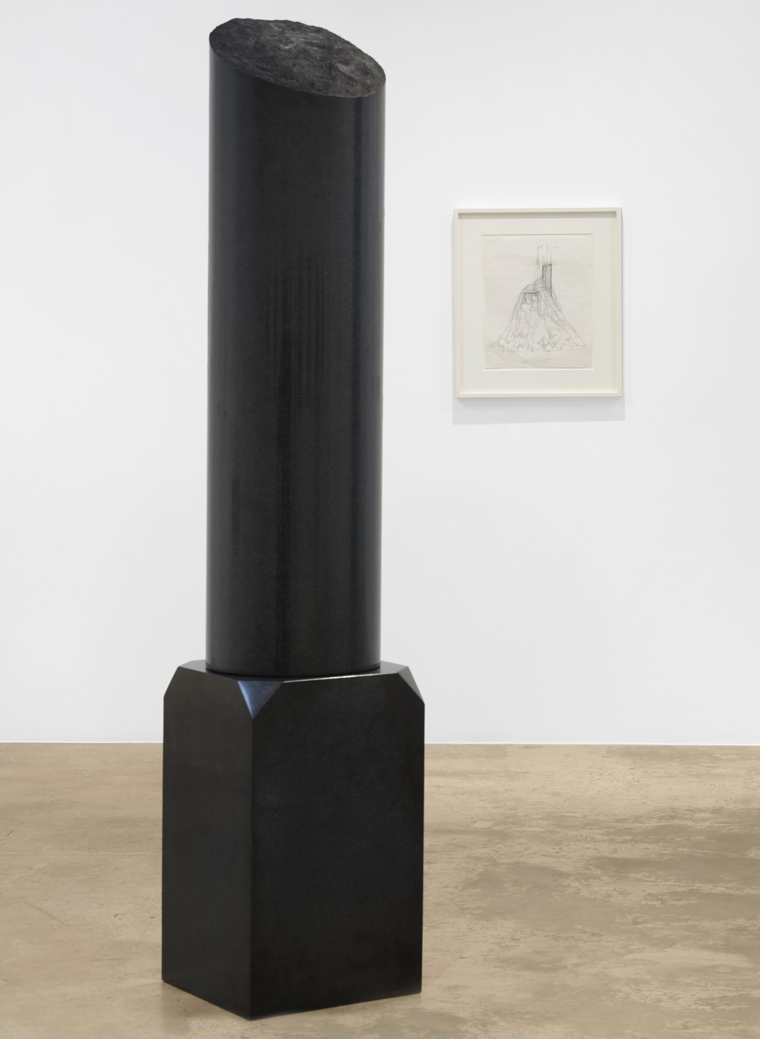 Installation view: Casting a Glance: Dancing with Smithson, Marian Goodman Gallery, Los Angeles, CA, 2025 with a black marble sculpture by Steve McQueen