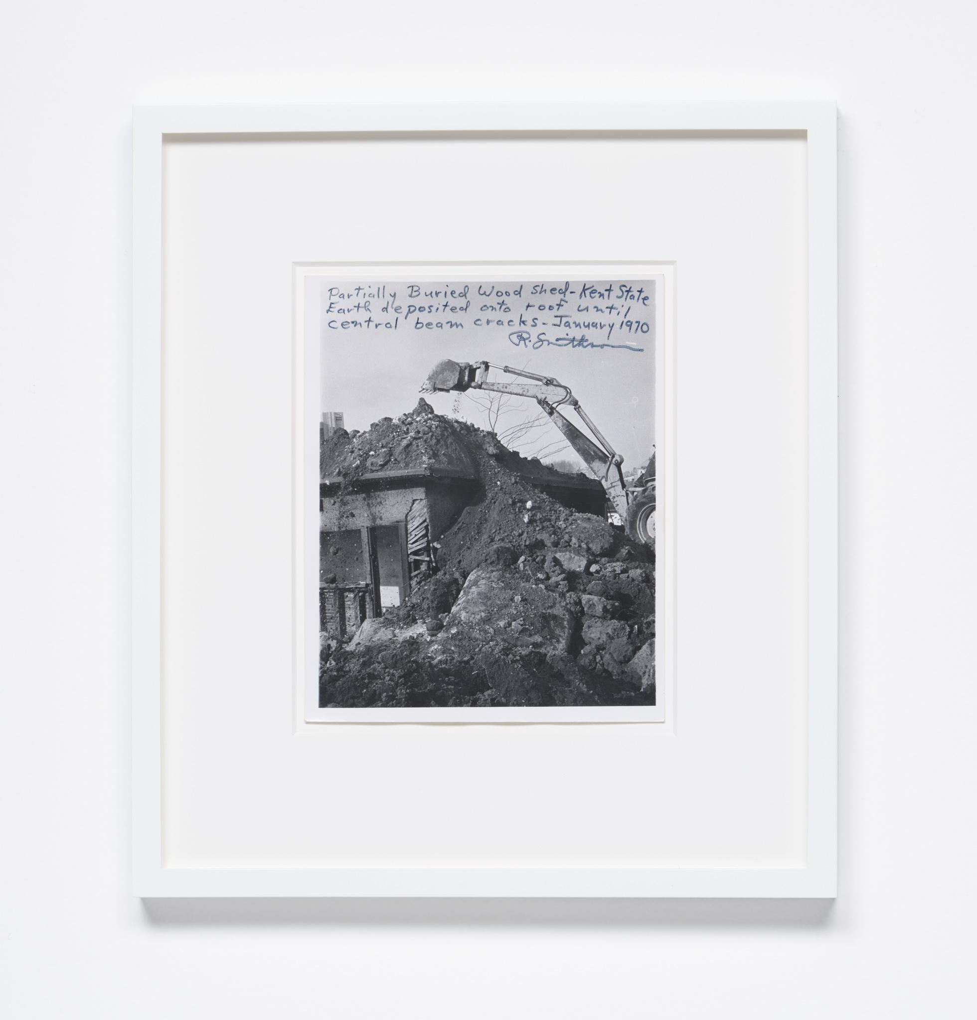 Casting a Glance: Dancing with Smithson, Marian Goodman Gallery, Los Angeles, CA, 2025 featuring a large excavator dumping dirt onto a shed by Robert Smithson