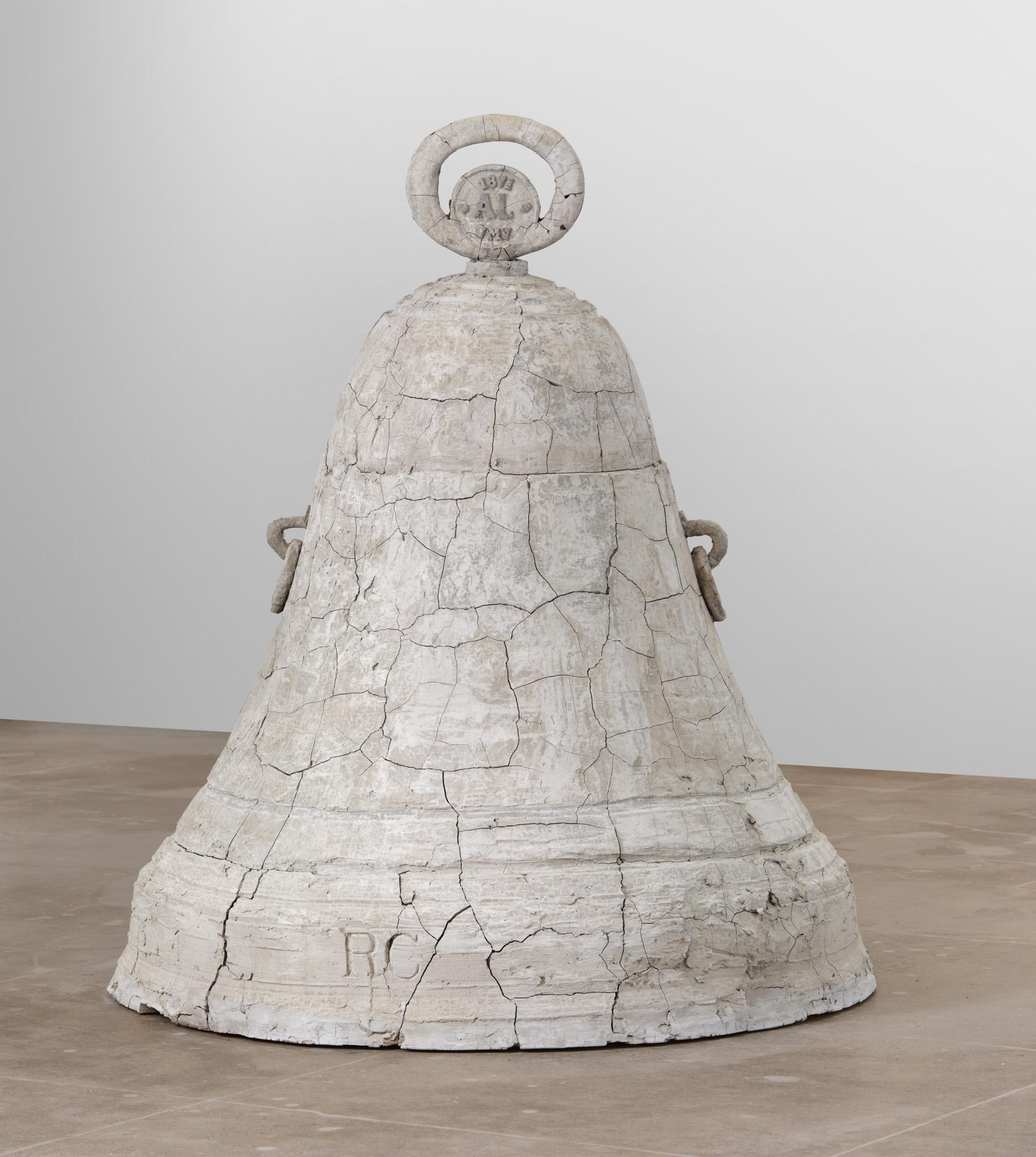 Installation view: Casting a Glance: Dancing with Smithson, Marian Goodman Gallery, Los Angeles, CA, 2025 featuring a large bell made of ceramic and concrete by Adrián Villar Rojas