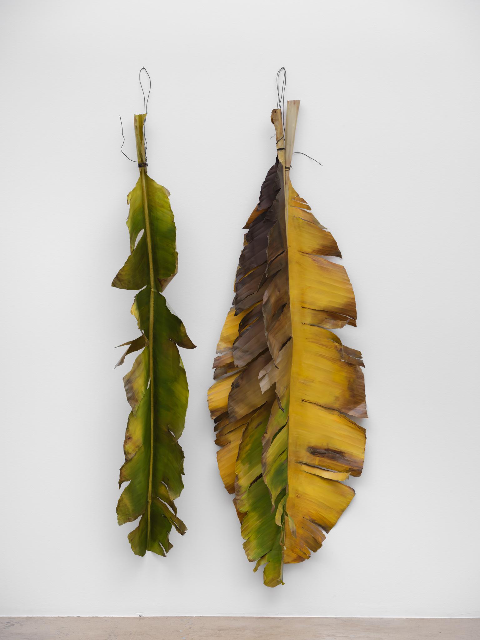 Casting a Glance: Dancing with Smithson, Marian Goodman Gallery, Los Angeles, CA, 2025 featuring large realistic palm leaves made from metal by Álvaro Urbano