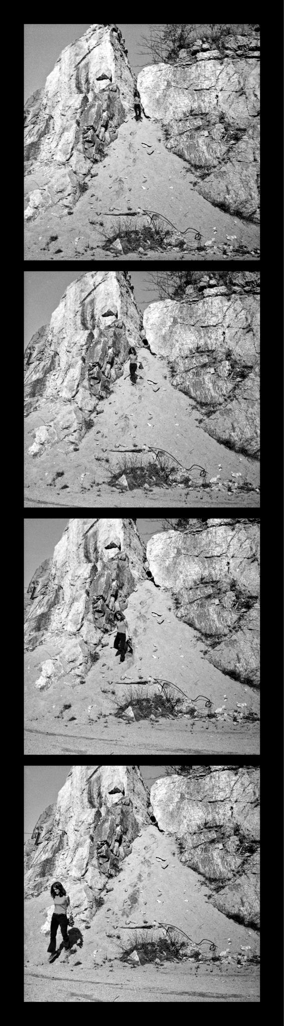 four images showing a woman walking down a hill