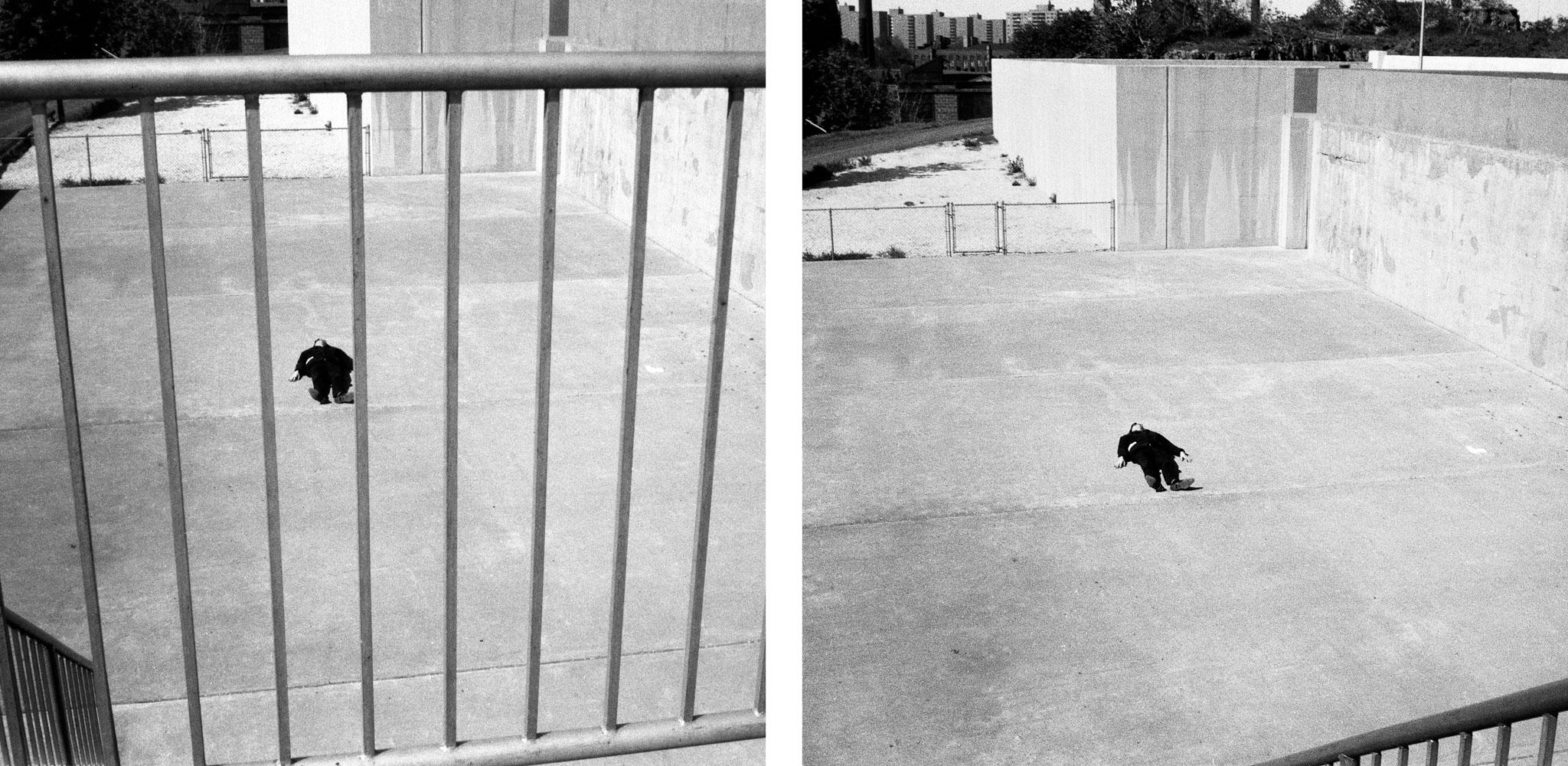 two images of a person lying on a concrete ground, one seen through railings