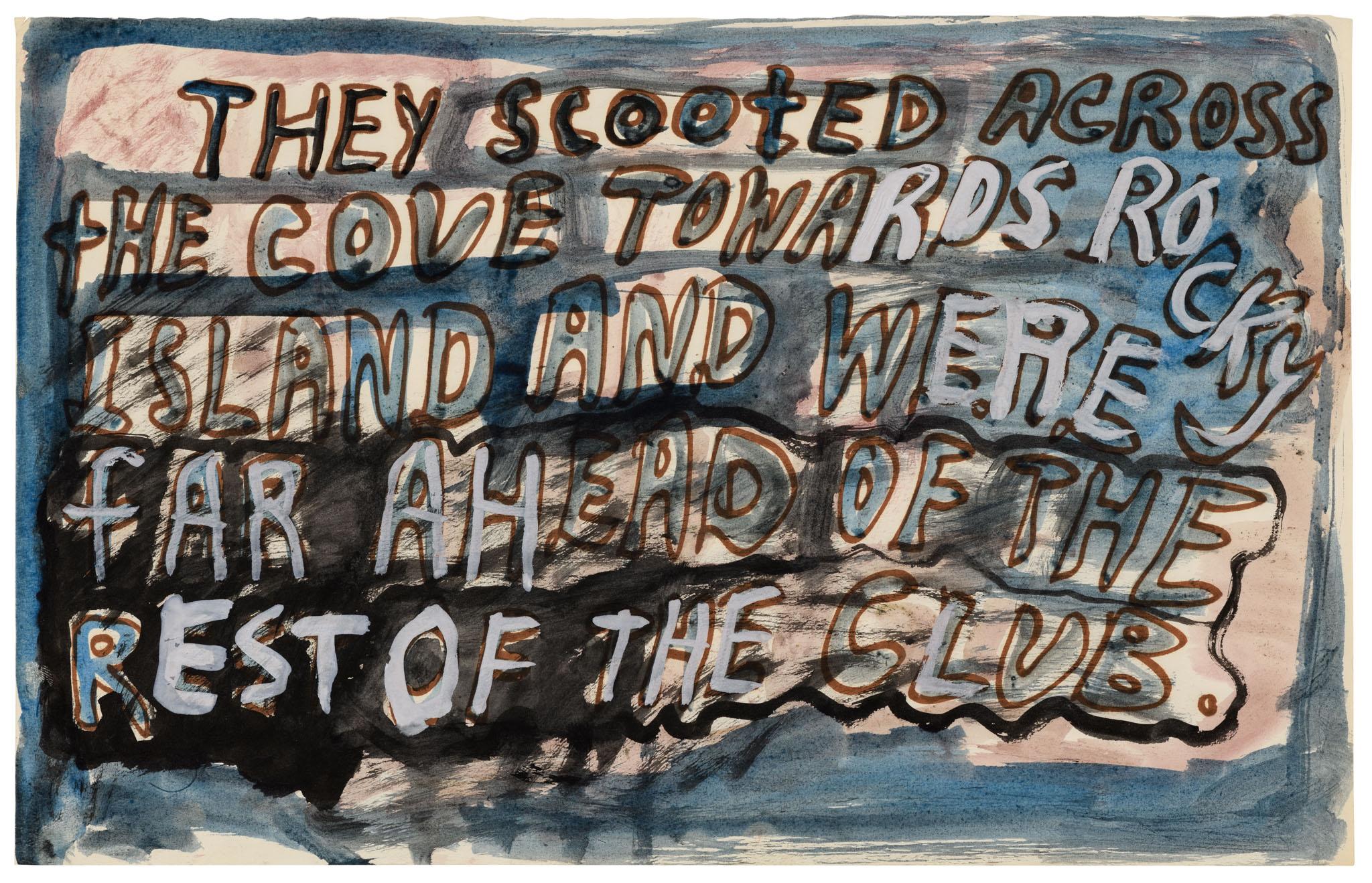 a blue-gray gouache with text