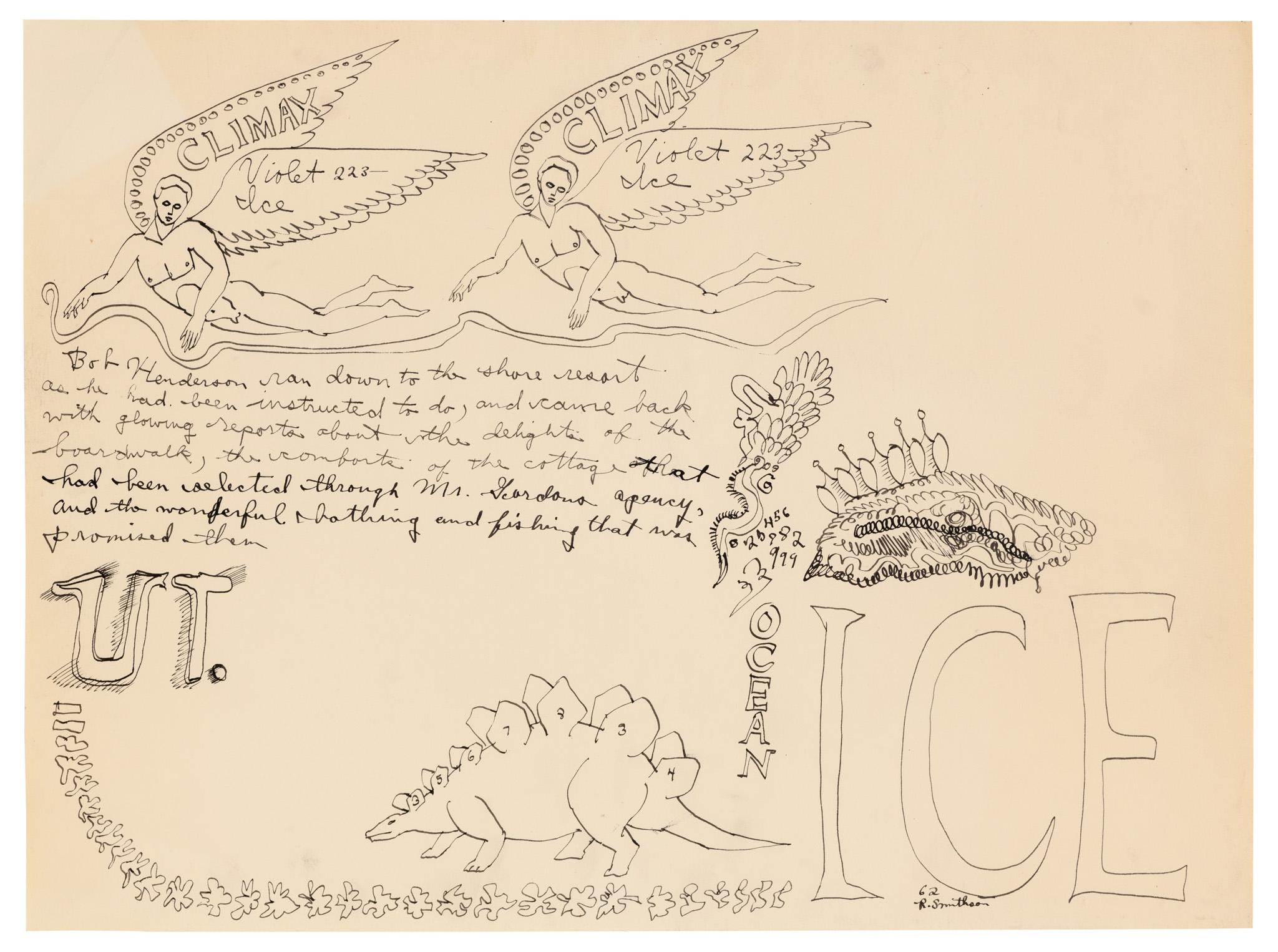 an ink drawing with angles and a dinosaur