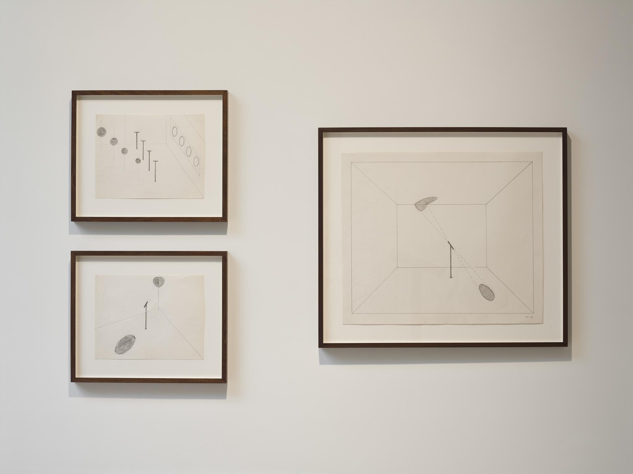 three framed pencil drawings 