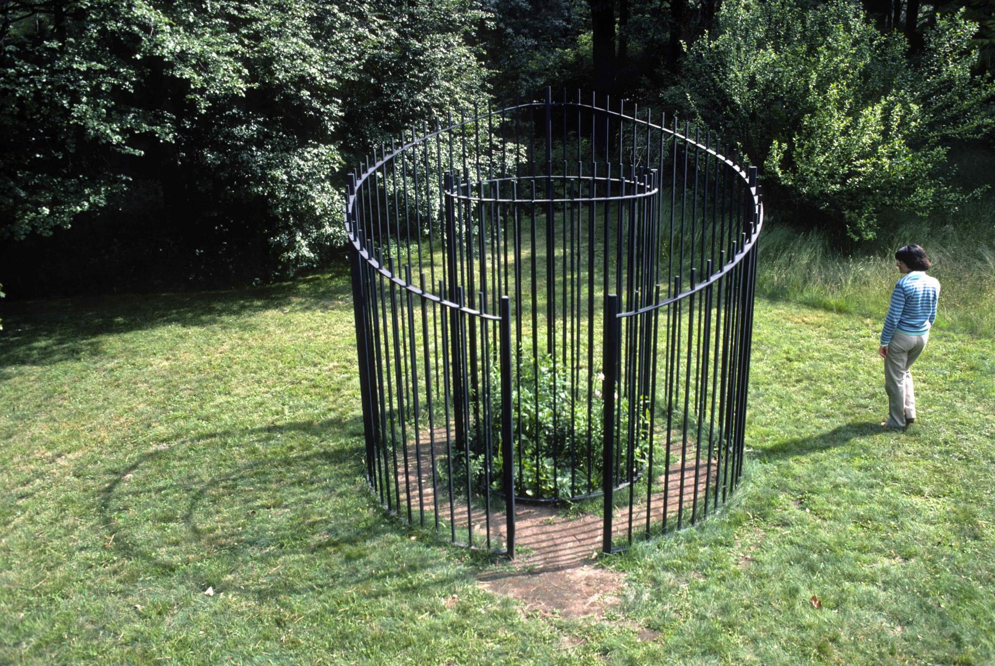 a sculpture of two circles made of fencing, with wild flowers at the center
