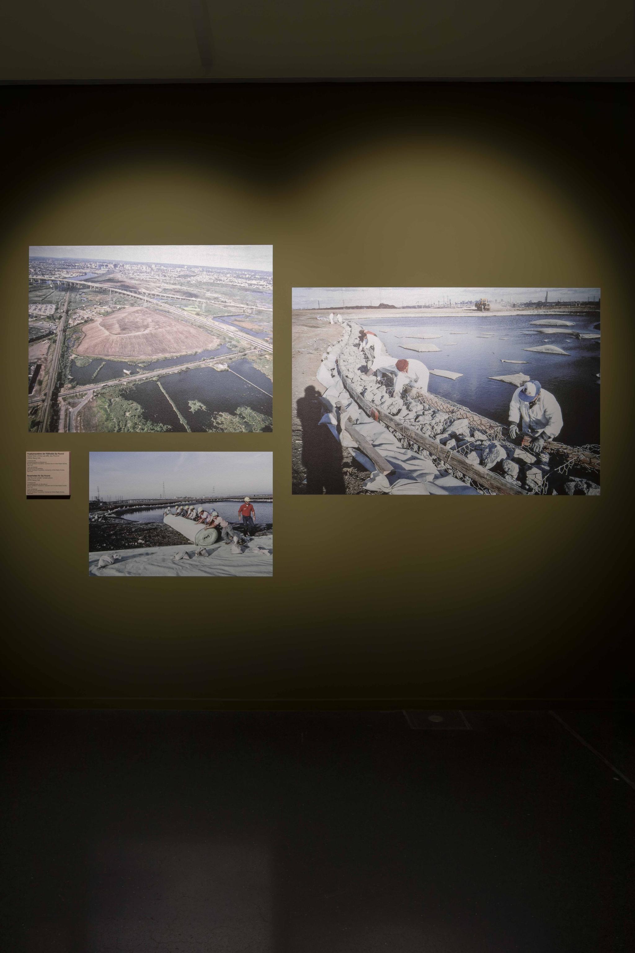 installation images of an exhibition showing Nancy Holt's Sky Mound project