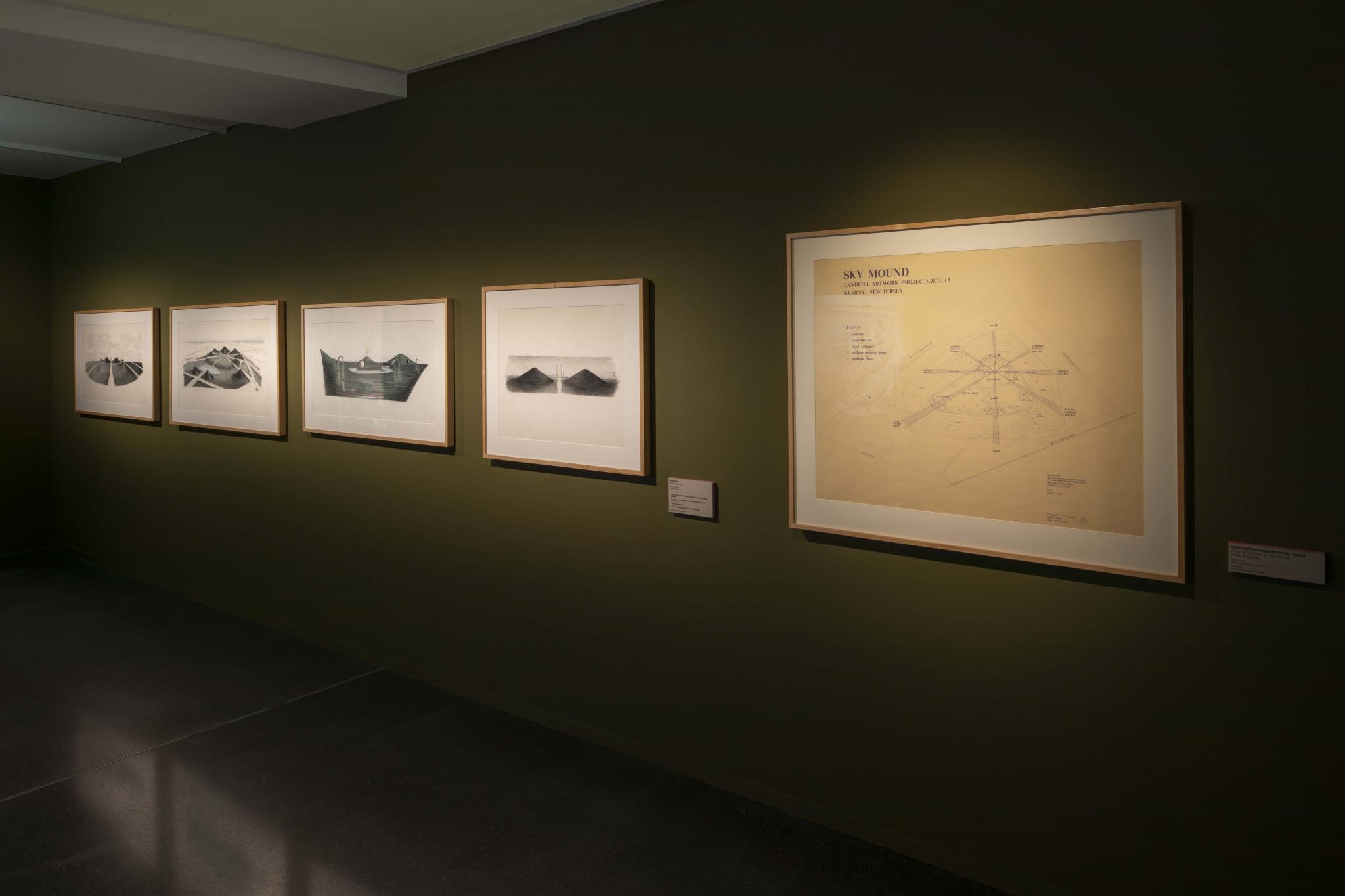 installation images of an exhibition showing Nancy Holt's Sky Mound project