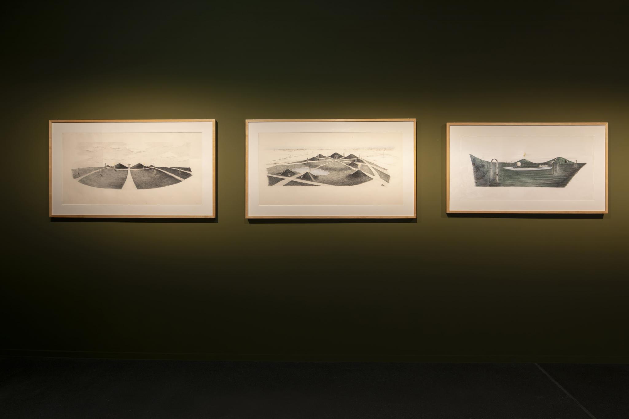 installation images of an exhibition showing Nancy Holt's Sky Mound project