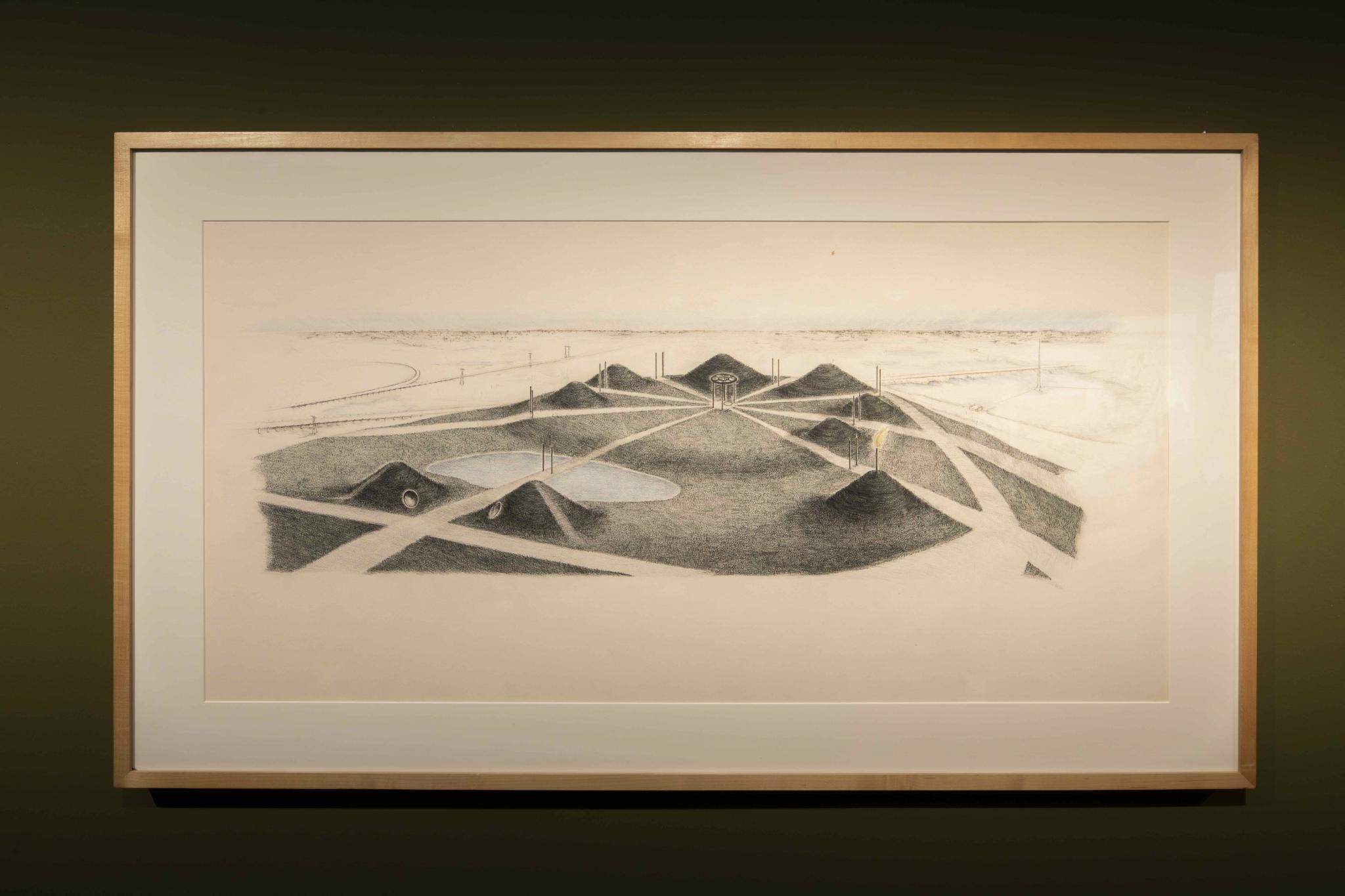 installation images of an exhibition showing Nancy Holt's Sky Mound project