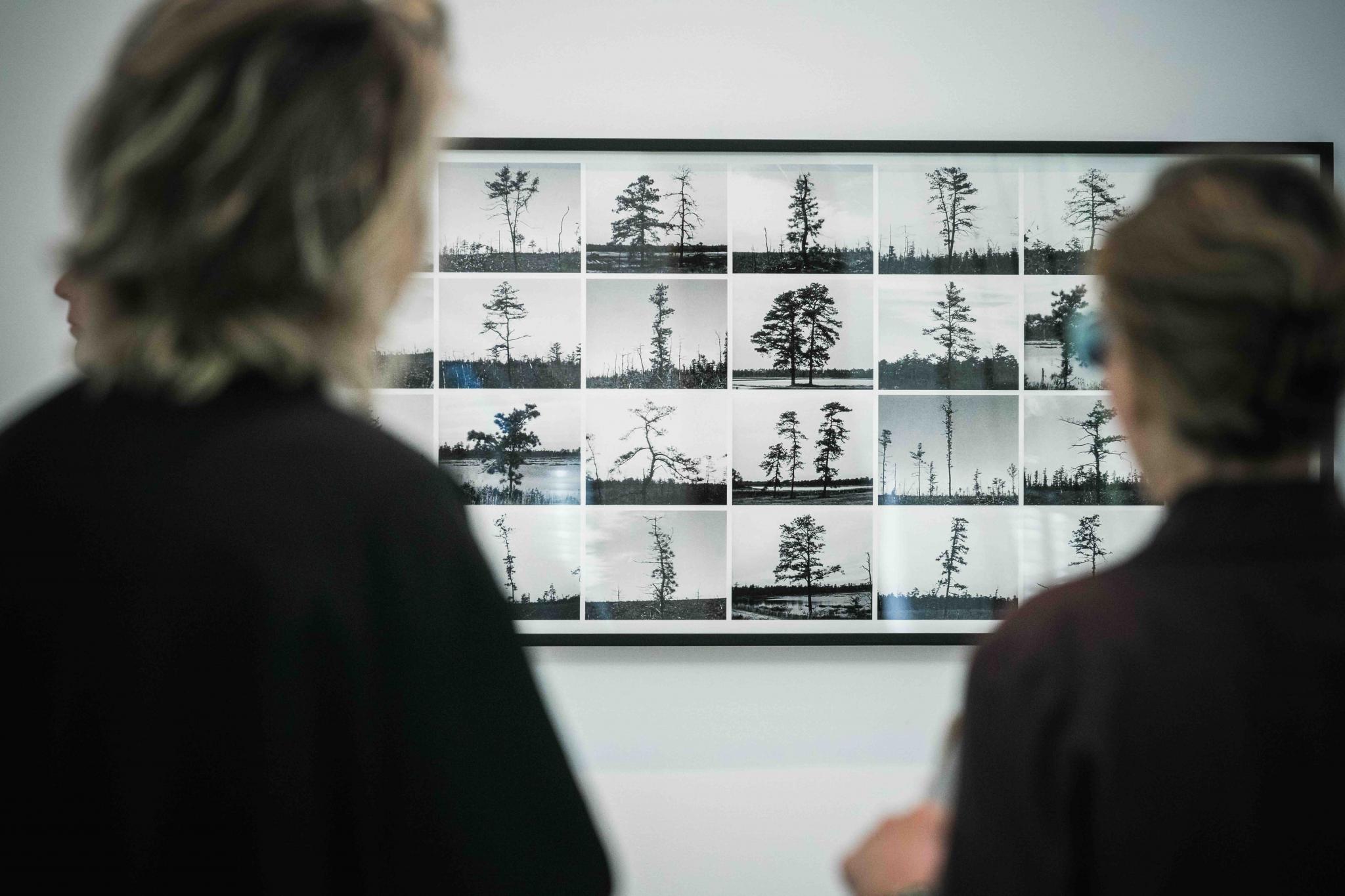 two people looking at an artwork
