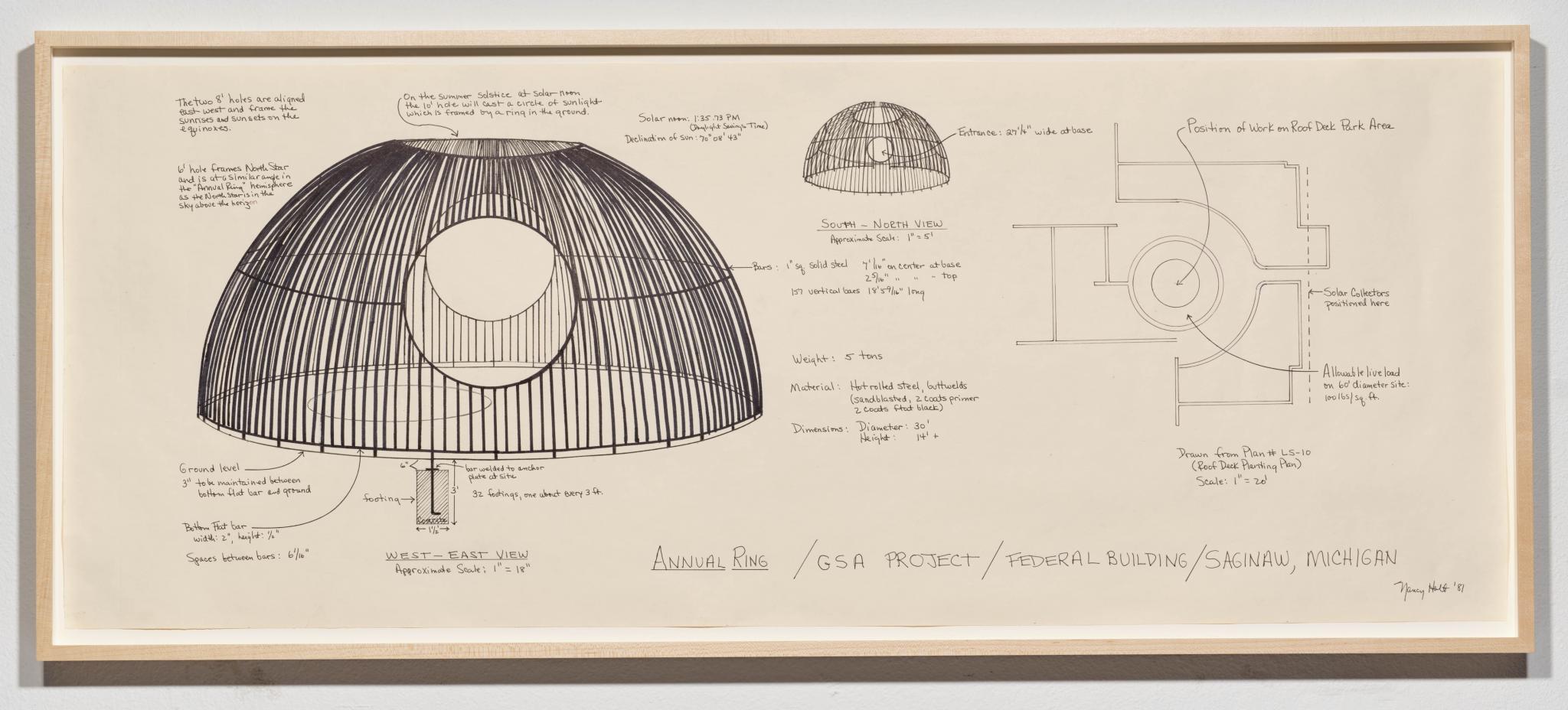 drawings for a sculpture, a hemisphere made of steel bars