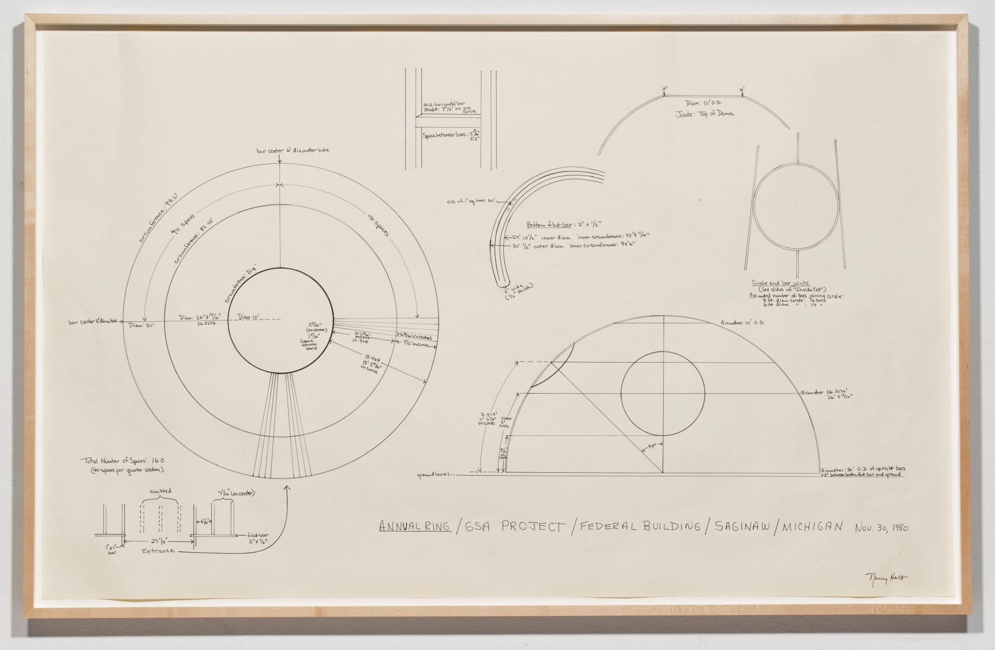 drawings for a sculpture, a hemisphere made of steel bars