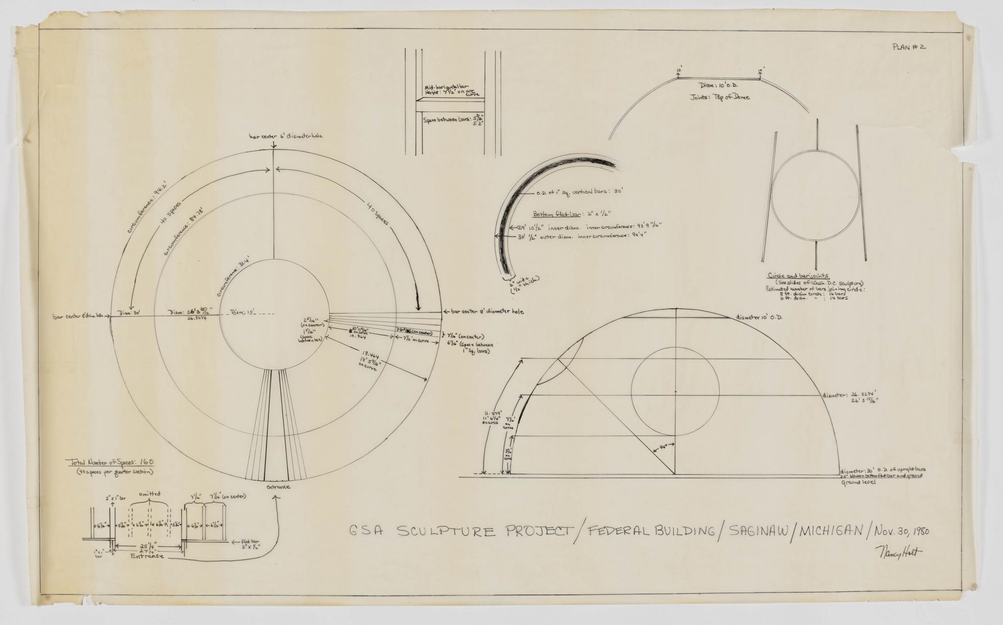 drawings for a sculpture, a hemisphere made of steel bars