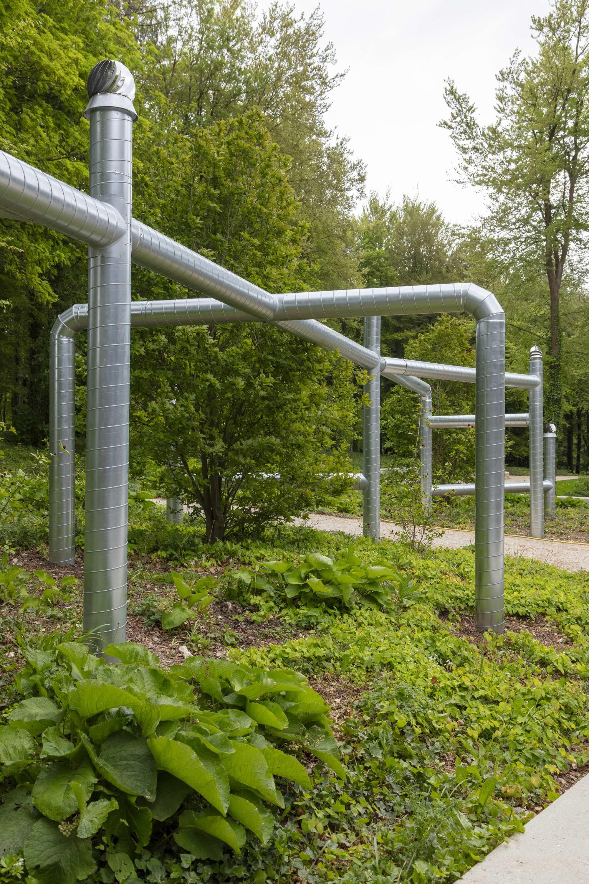 detail of a sculpture made from ventilation pipes