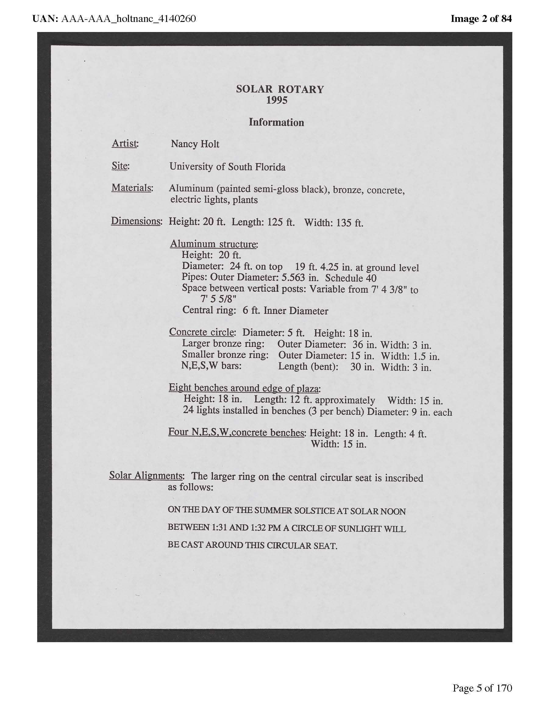 Nancy Holt, technical details for Solar Rotary, 1995