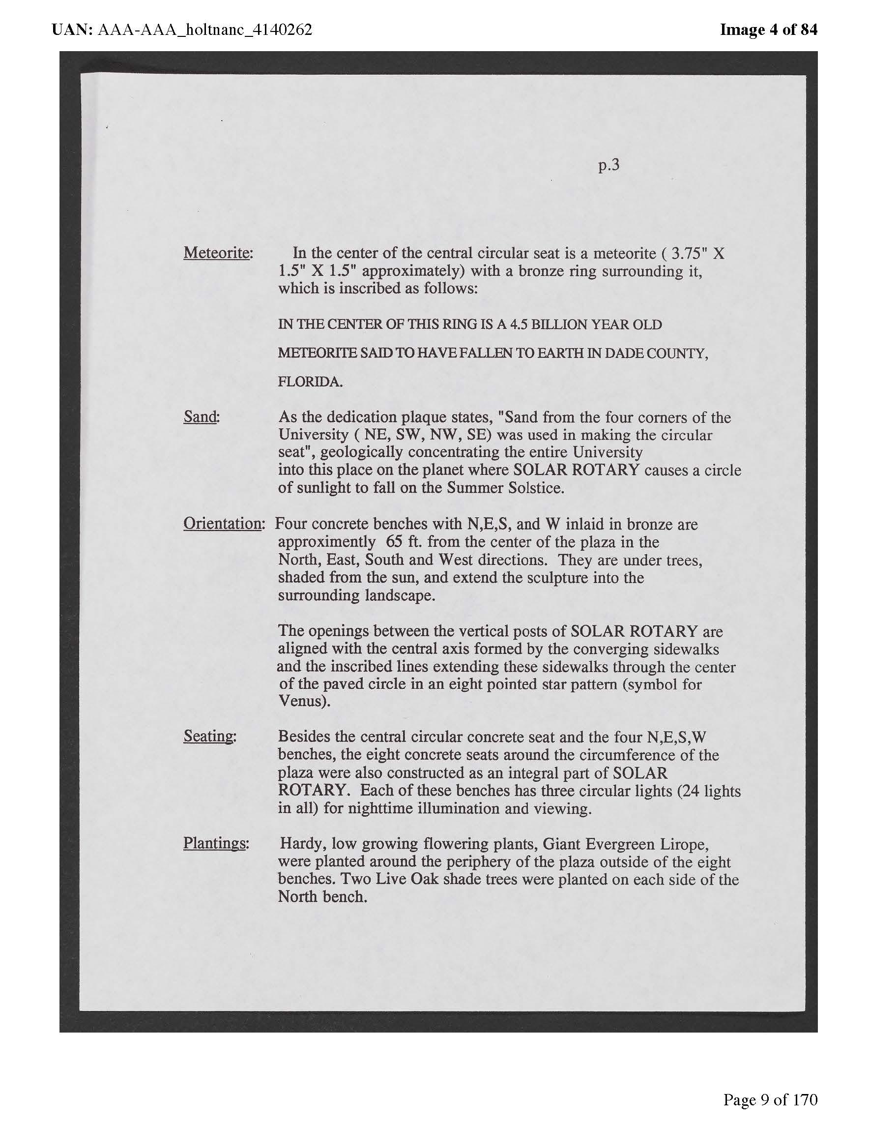 Nancy Holt, technical details for Solar Rotary, 1995