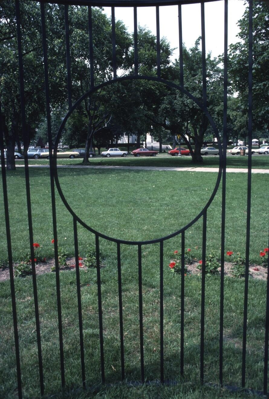 detail of a sculpture made from wrought iron fencing