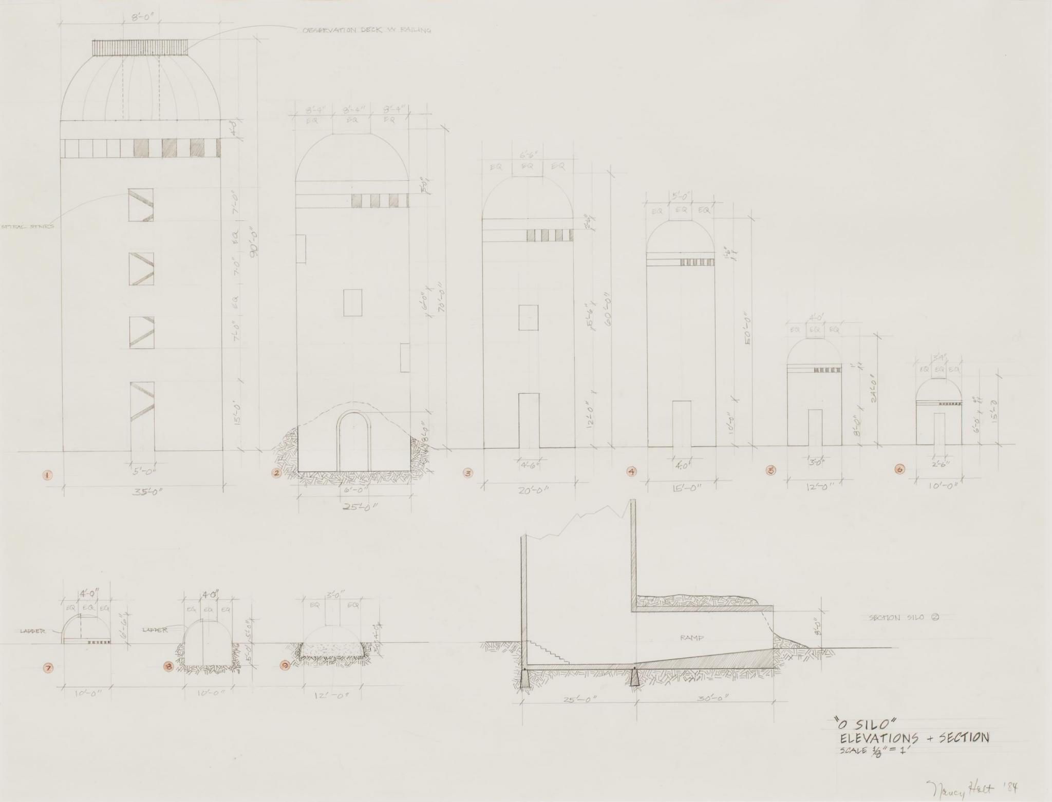 drawing for an outdoor sculpture proposal showing silo-like forms