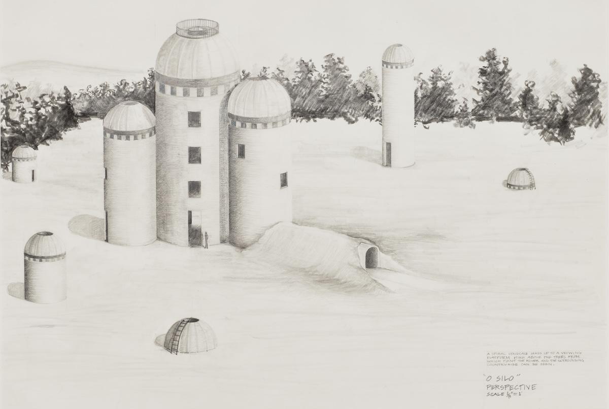 drawing for an outdoor sculpture proposal showing silo-like forms