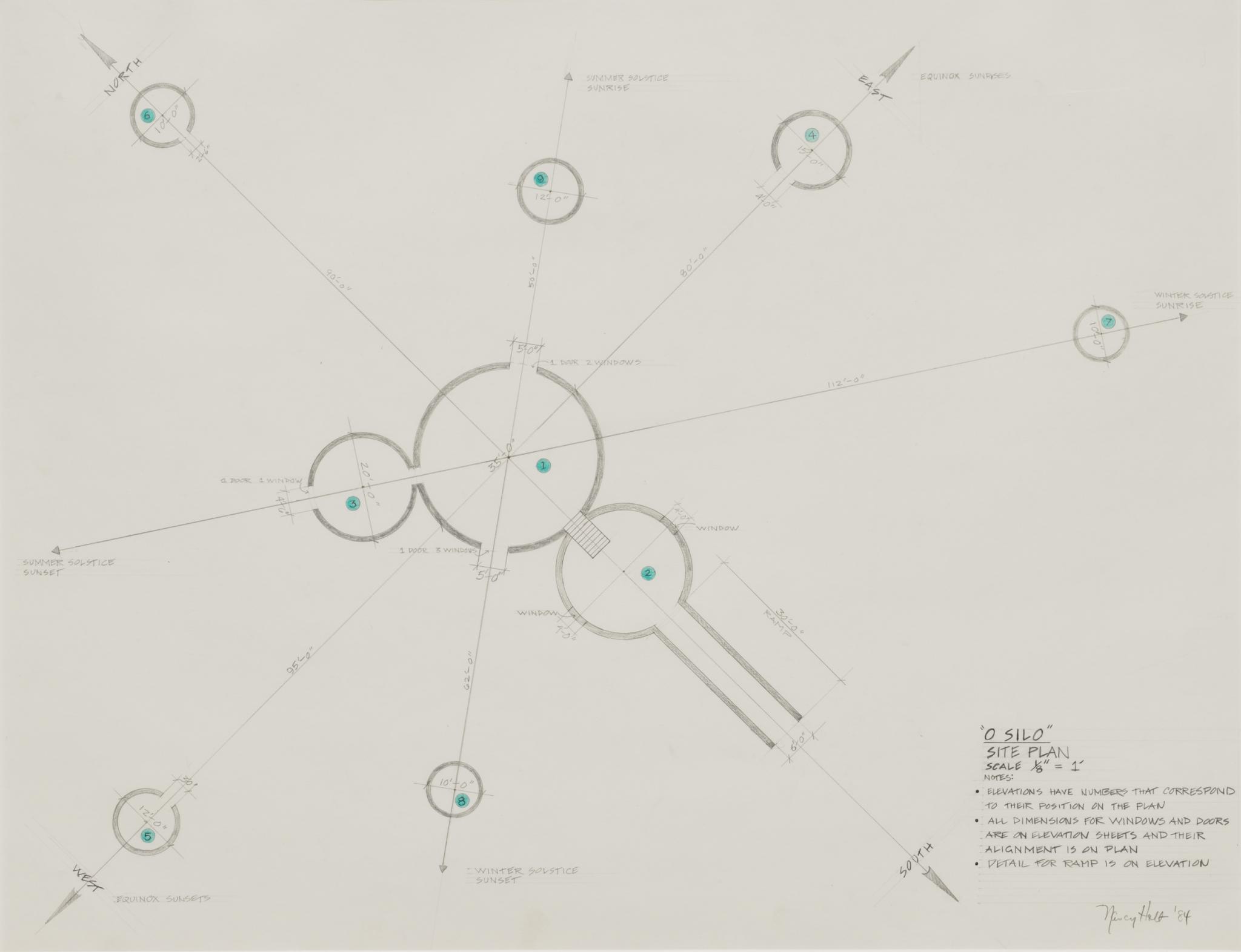 drawing for an outdoor sculpture proposal showing silo-like forms