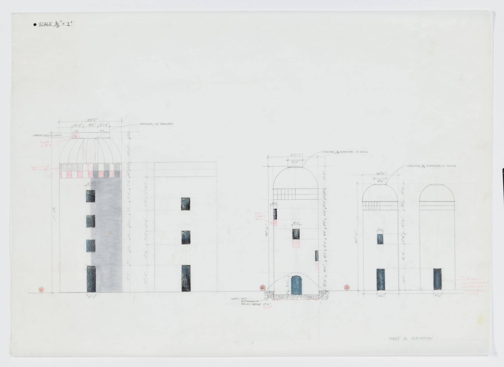 drawing for an outdoor sculpture proposal showing silo-like forms