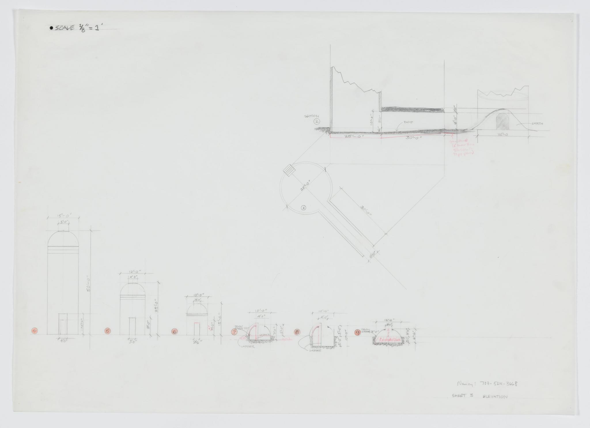 drawing for an outdoor sculpture proposal showing silo-like forms