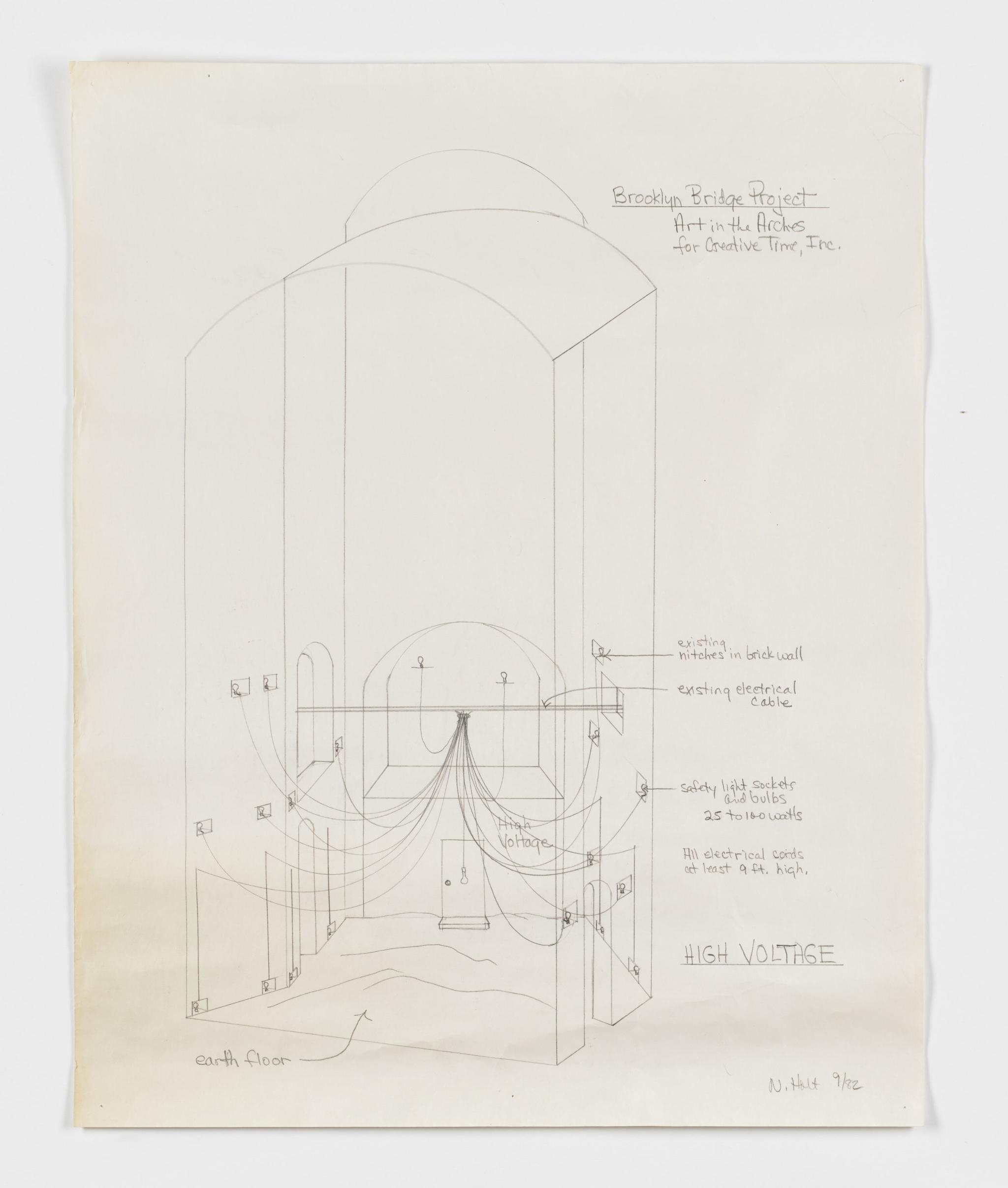 pencil drawing of a system of lights strung in an anchorage