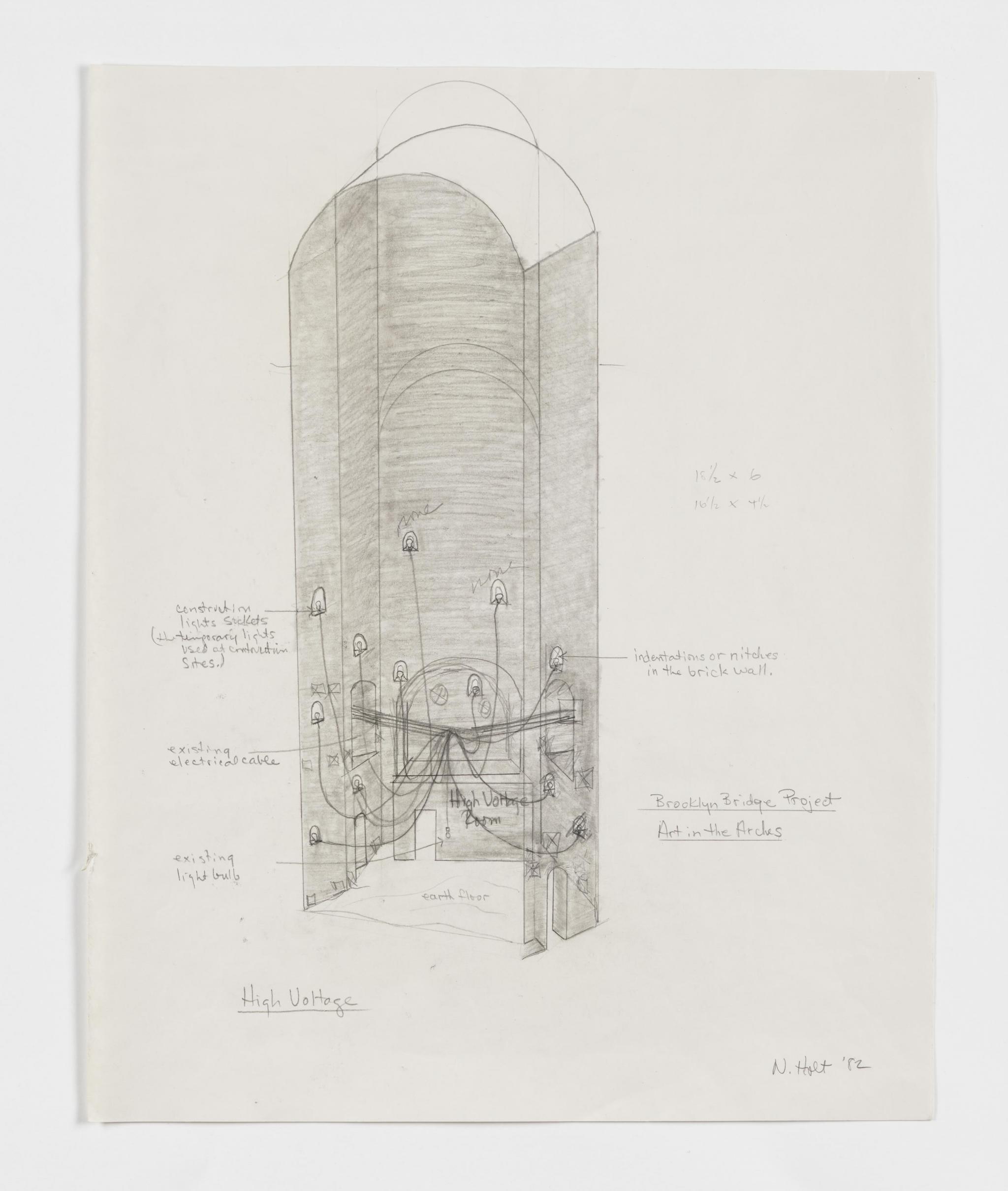 pencil drawing of a system of lights strung in an anchorage