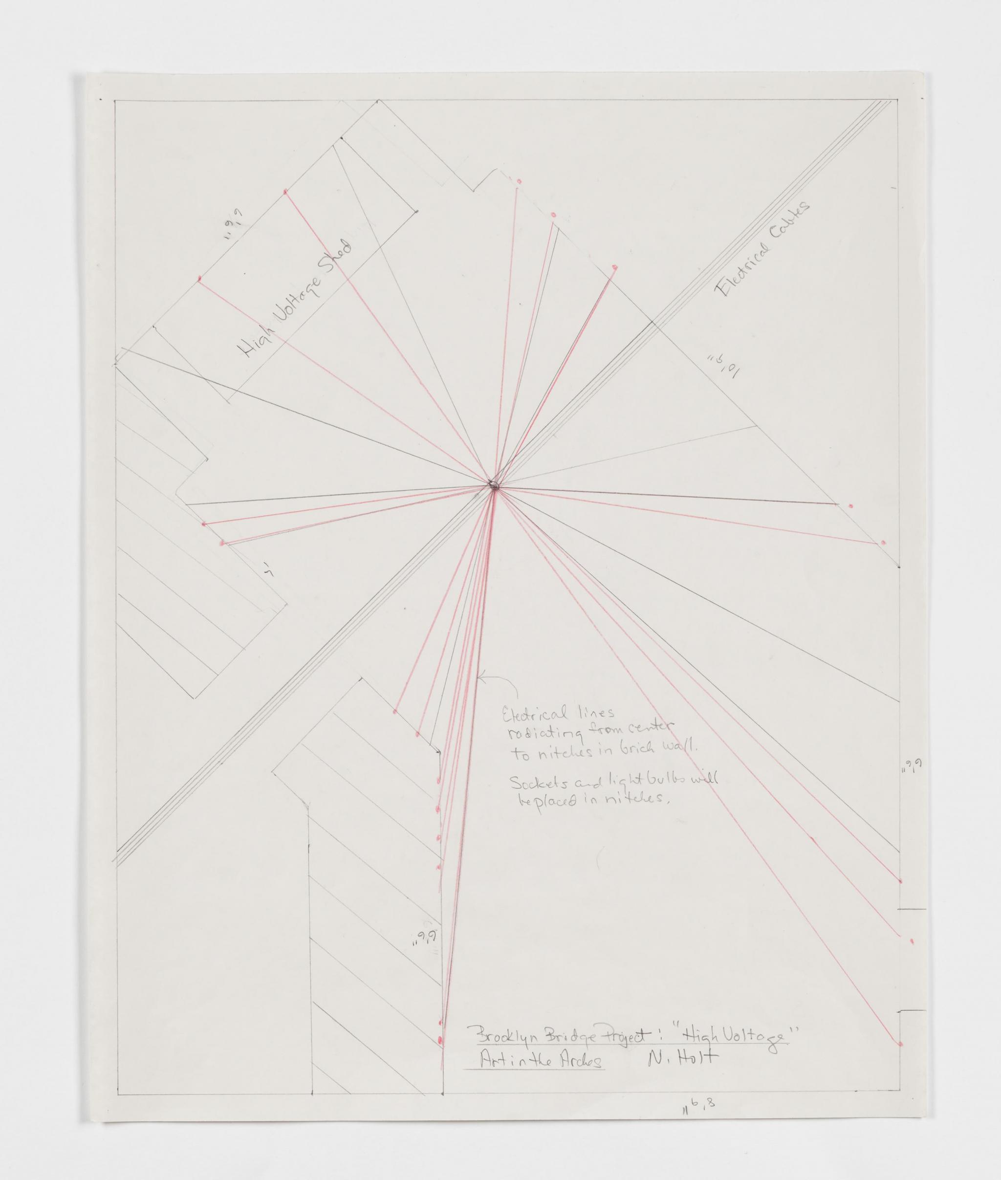 pencil drawing of a system of lights strung in an anchorage